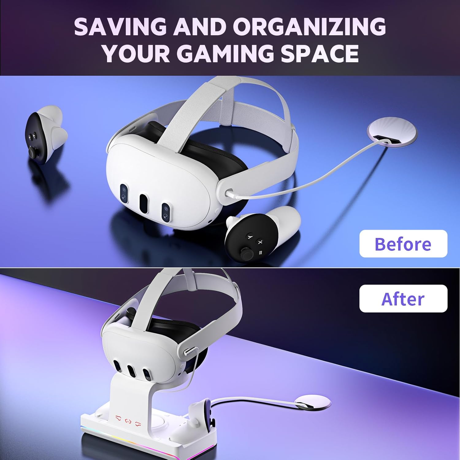 VR Charging Station for Meta Quest 3 with RGB Light and Controller Charger