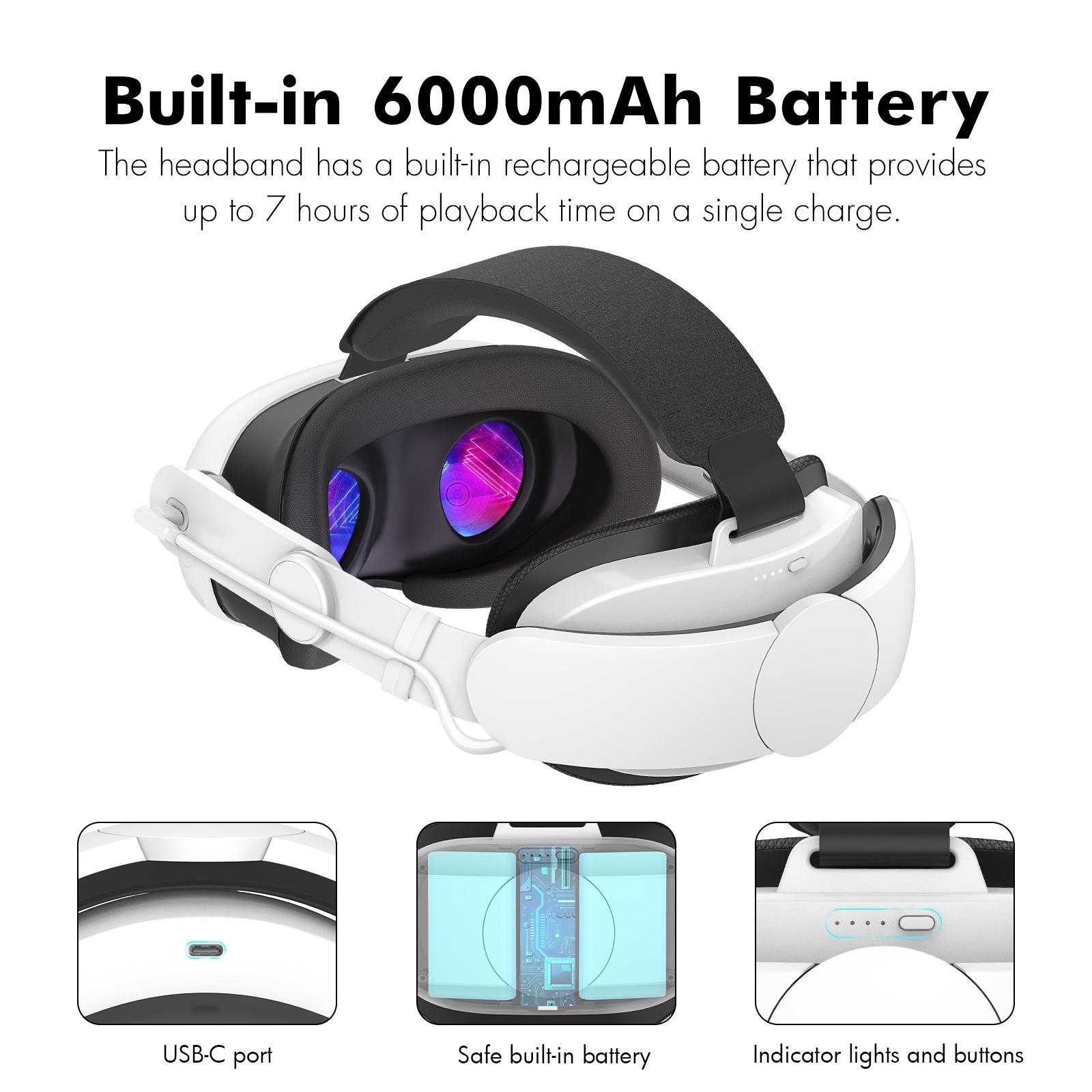 VR Head Strap with 6000mAh Battery for Meta Quest 3/3S