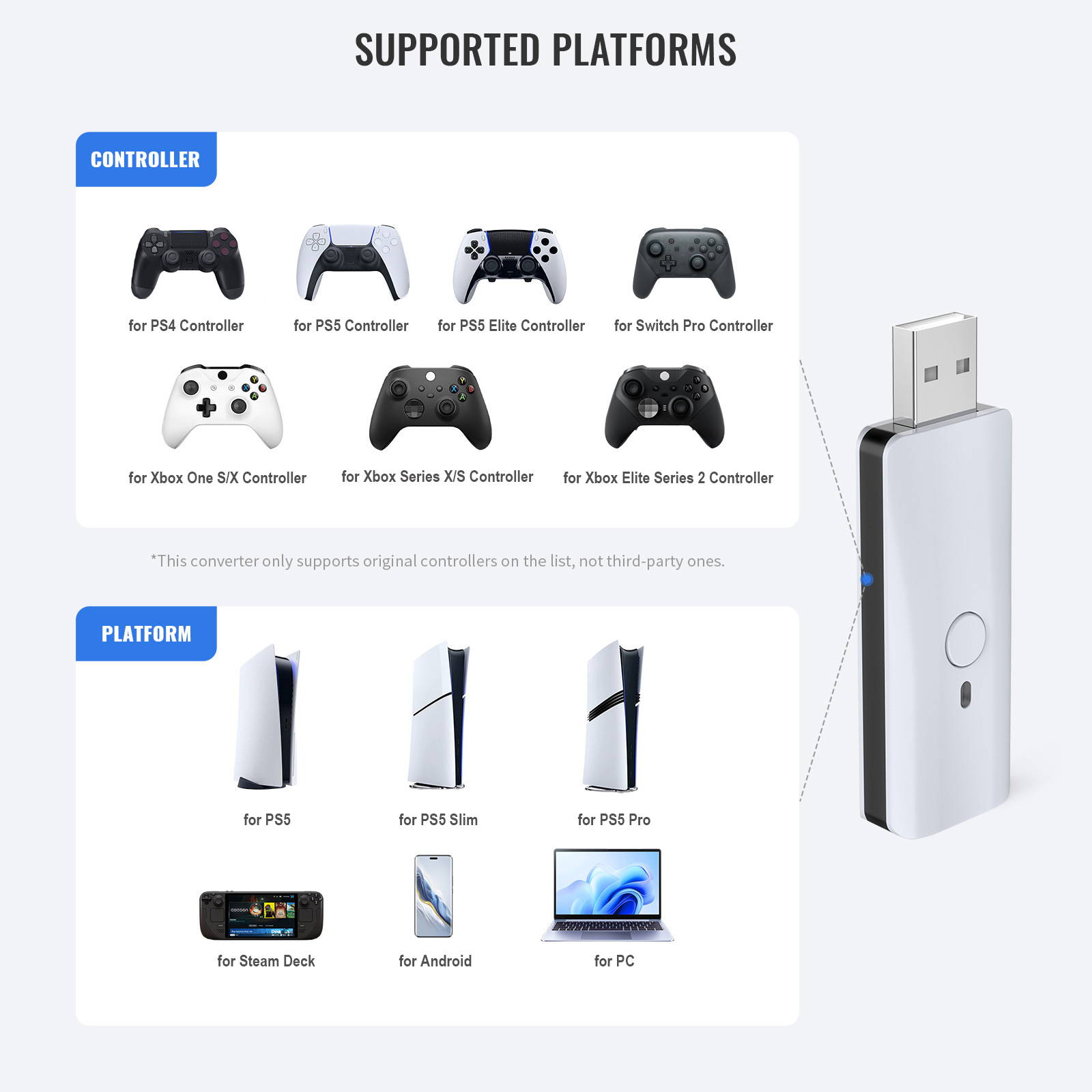 Wireless Gamepad Adapter for PS5/PS4/Switch/Xbox/PC/Steam Deck