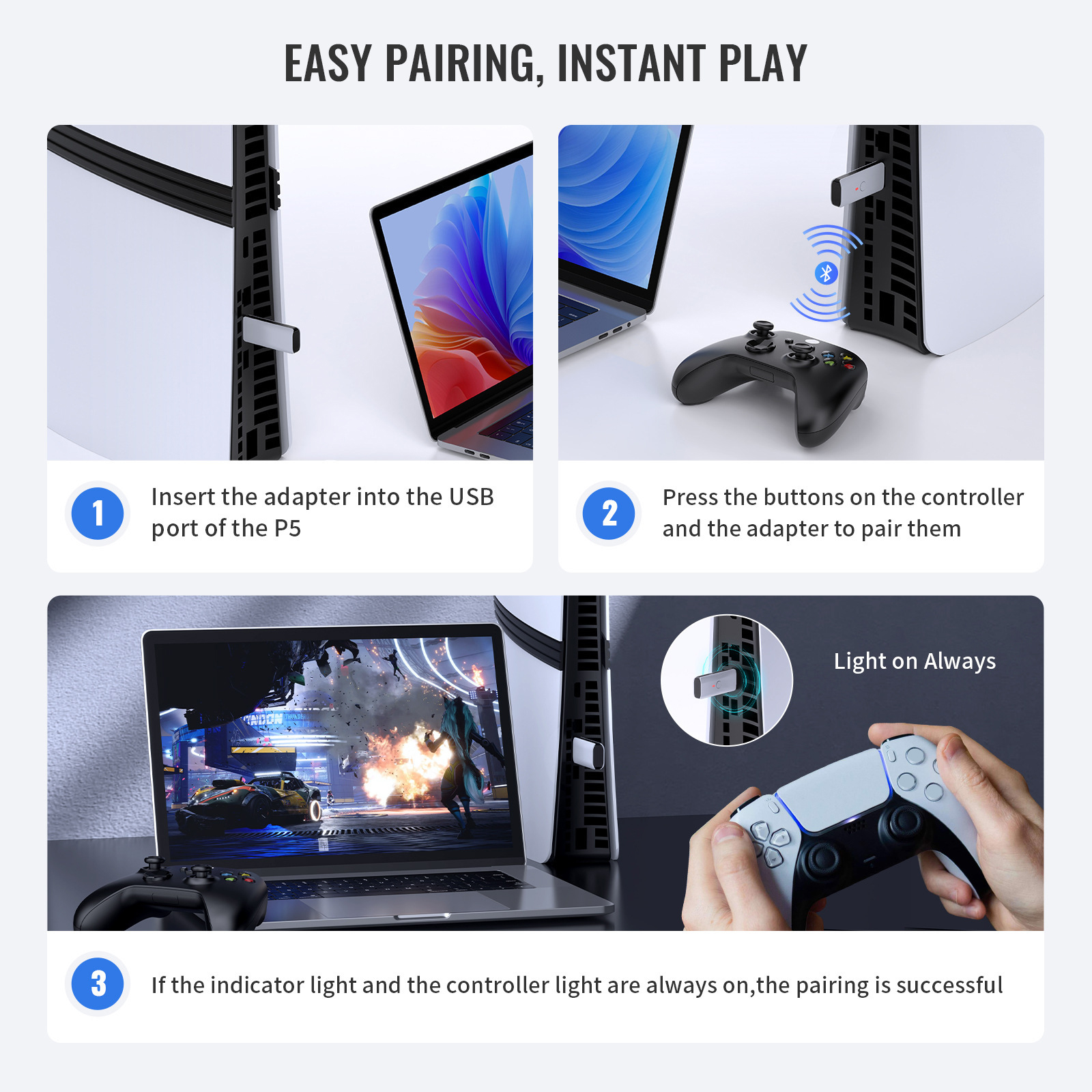 Wireless Gamepad Adapter for PS5/PS4/Switch/Xbox/PC/Steam Deck