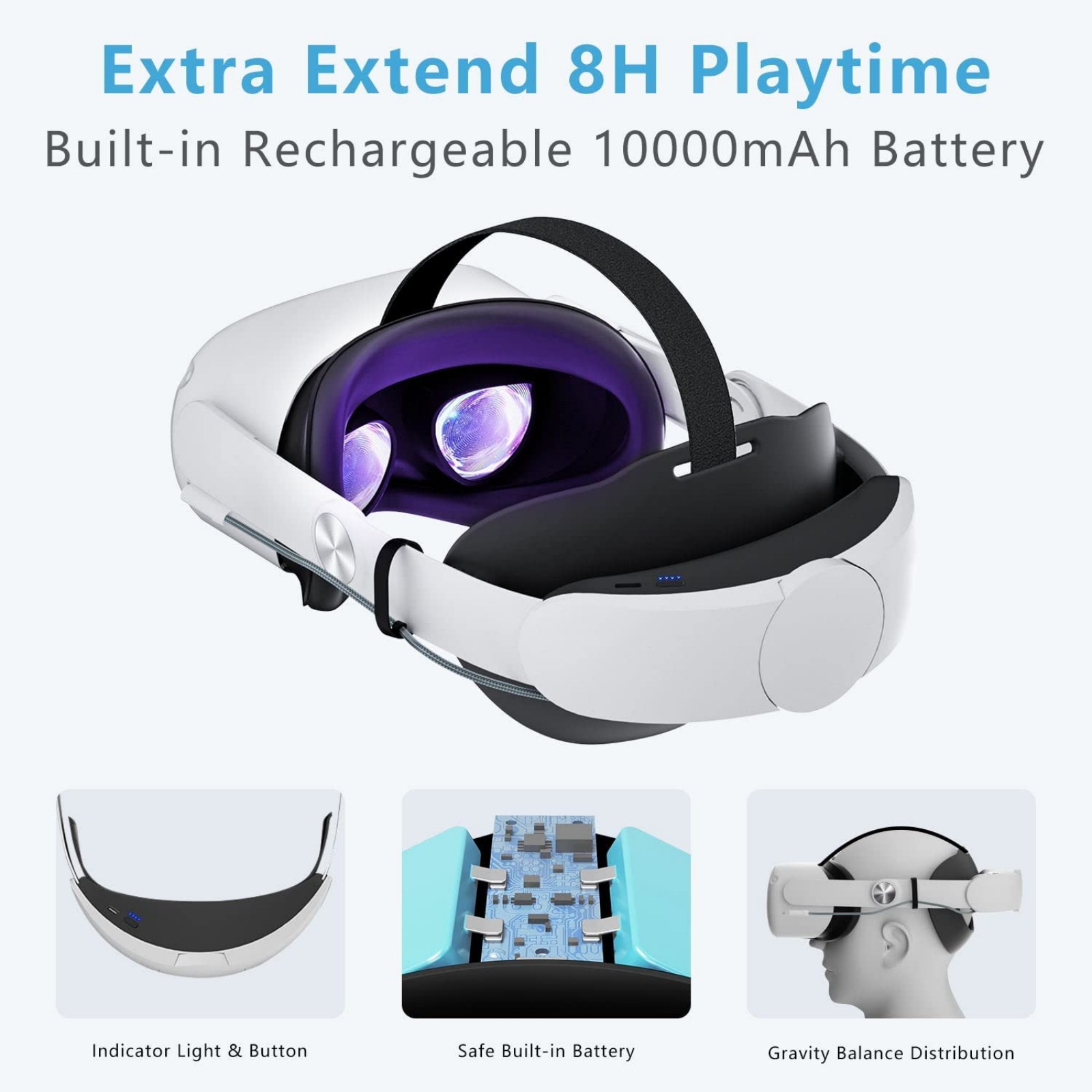 VR Head Strap with 10,000mAh Battery for Meta Quest 2