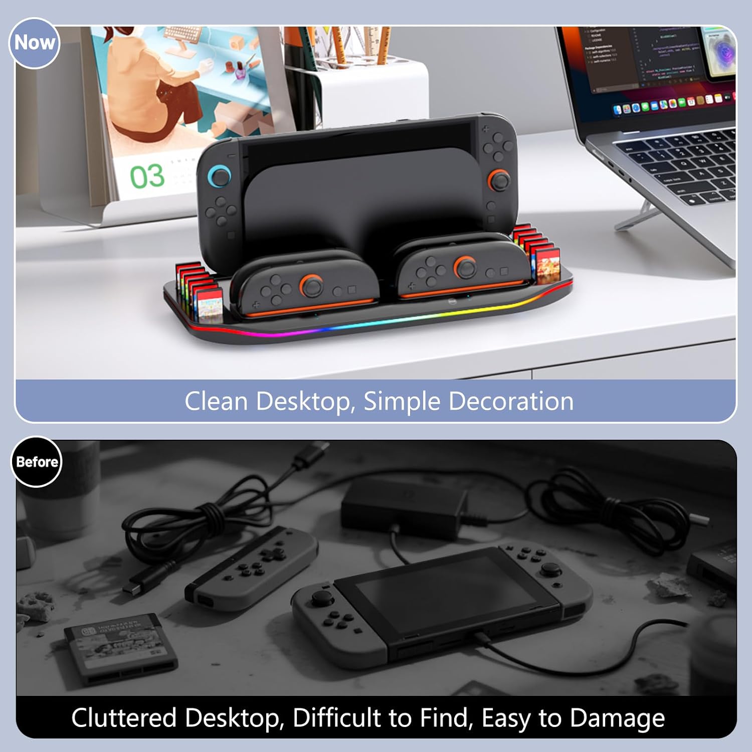 Multifunctional Charging Station for Switch 2 with LED Indicators & RGB Lights