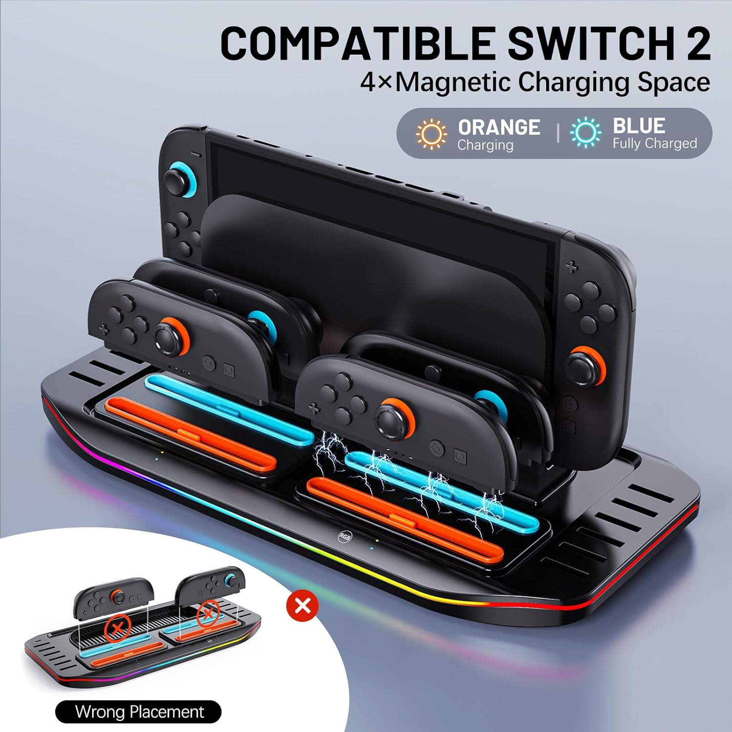 Multifunctional Charging Station for Switch 2 with LED Indicators & RGB Lights