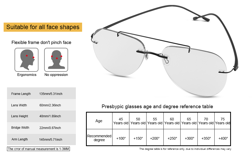 Flexible Rimless Titanium Alloy Memory Metal Progressive Multifocal Reading Glasses