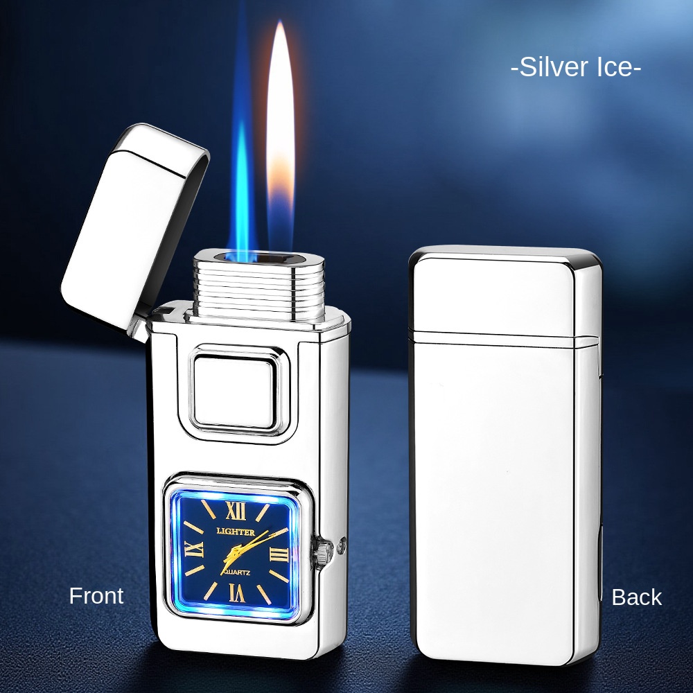 Voice Control Dual Flame Lighter Real Quartz Dial Butane Open Flame Jet Flame