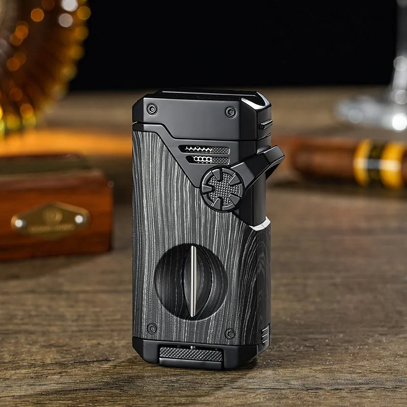 Cigar Torch Lighter 4-Jet Flame Lighter with V-Cut Copper Cutter Punch Drill