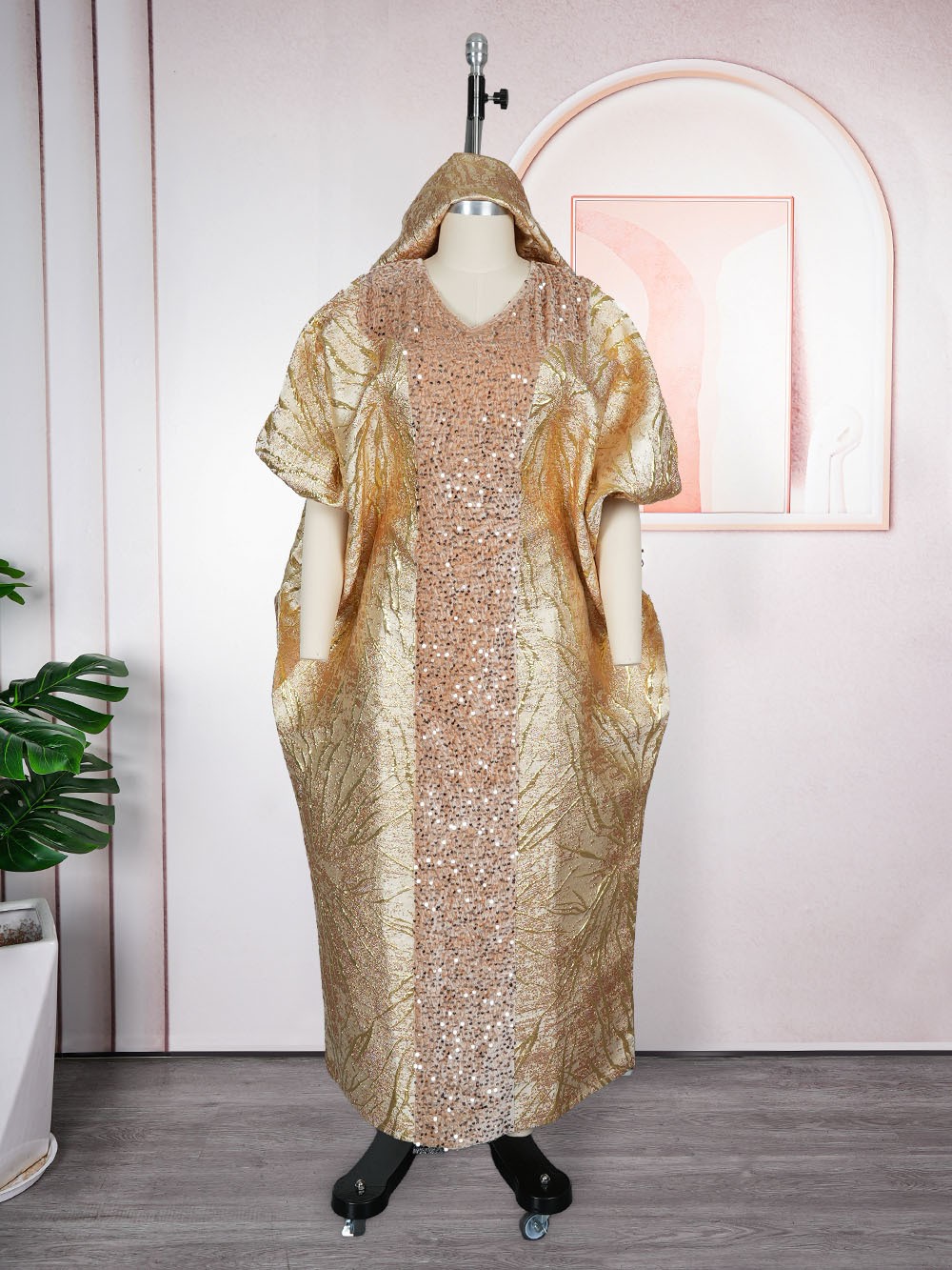 Women Plus Size African Velvet Sequin Maxi Dress Long Robe With Headscarf Gown