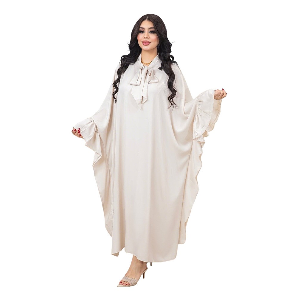 Muslim Women Dress Bow Batwing Sleeve Ruffles Abaya Robe Eid Party Kaftan Gown