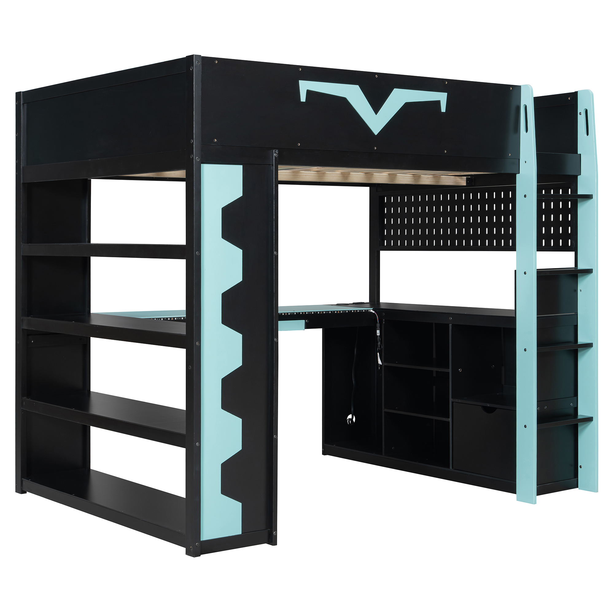 Full Size Gaming Loft Bed with Integrated Desk RGB LED Lights Pro-Gamer Bed