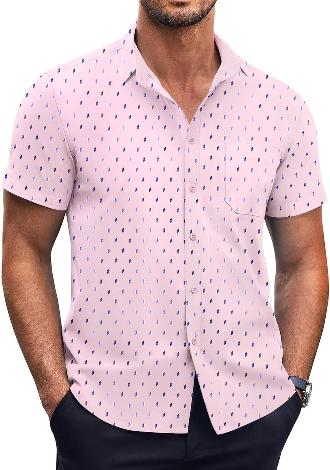 Mens Short Sleeve Button Down Shirt Polka Dot Print Wrinkle Free Casual W/Pocket