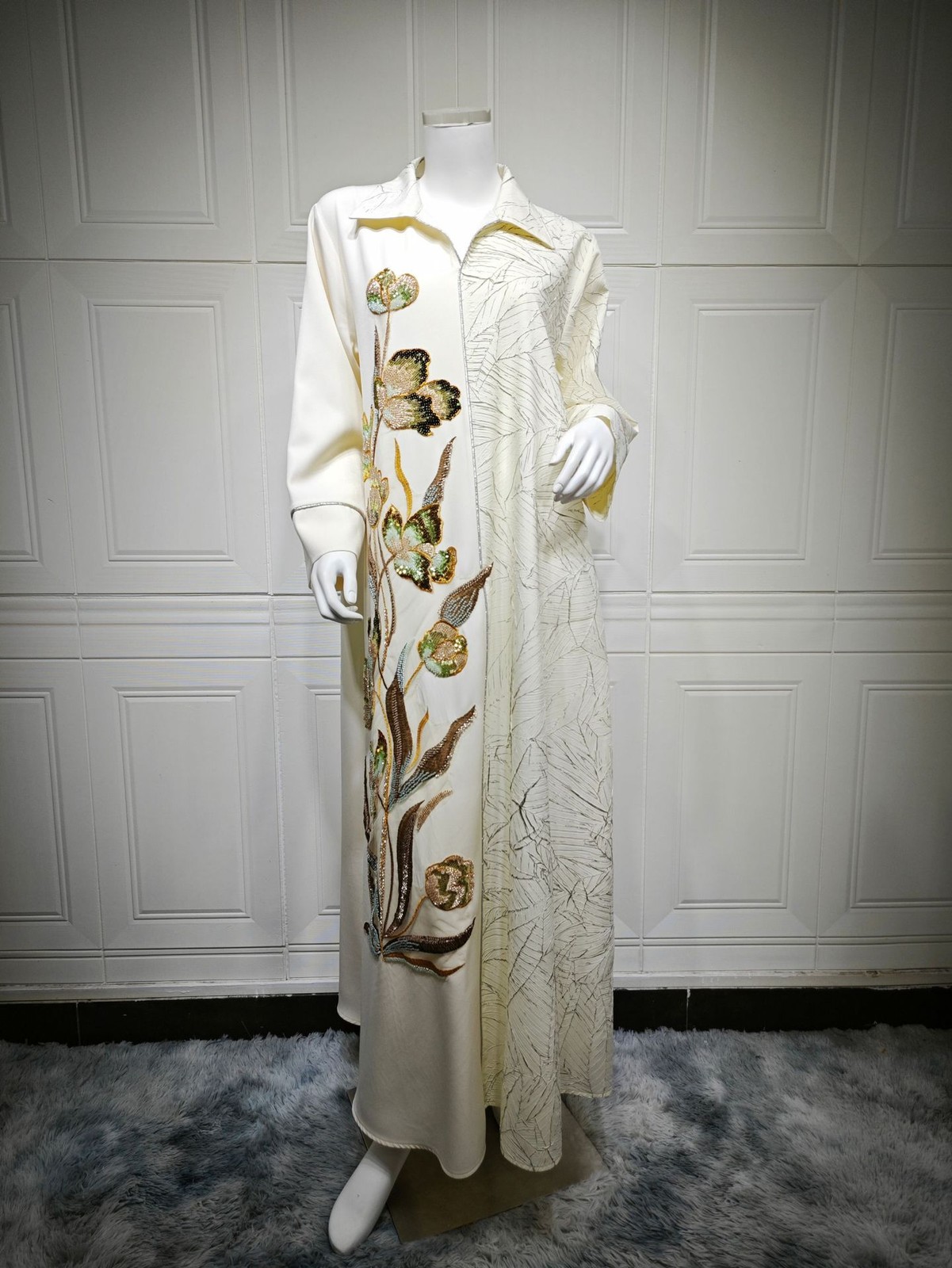 Eid Muslim Abaya Party Dress Women Sequins Embroidery Lapel Shirt Dress Vestidos