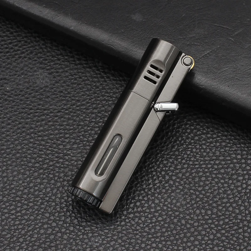 Metal Triple JET Flame Cigar Lighter Visual Window Windproof Grinding Wheel