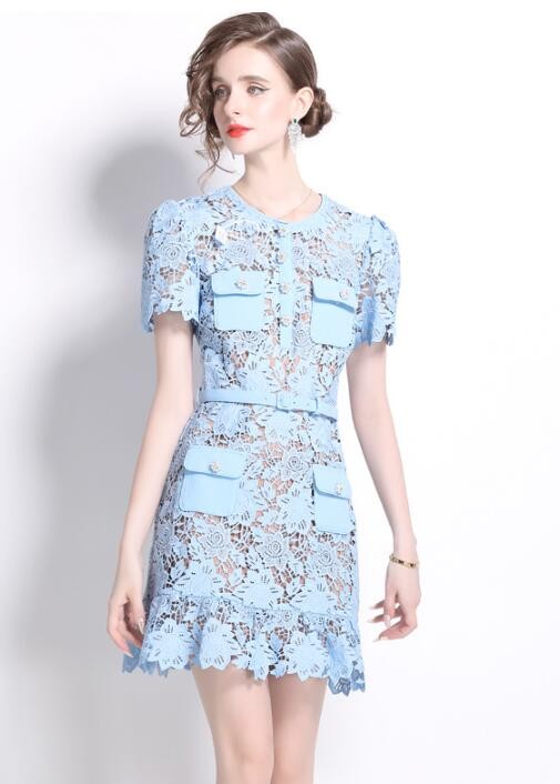 2026 Summer Women French Style Temperament Round Neck Lace Short Sleeved Dress