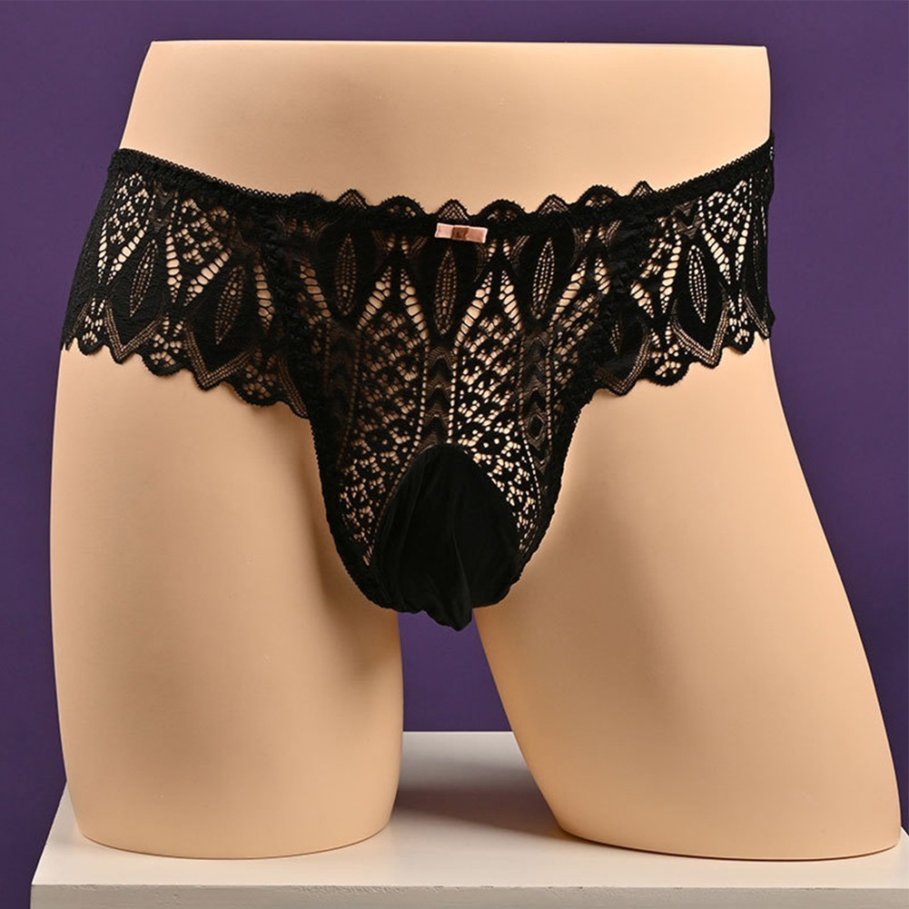 Men Briefs Underwear Sexy Pouch Panties Lace Lingerie Low Waist Mesh Hollow Out