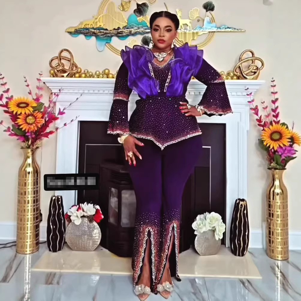 Women African Bodycon Top Long Pants Plus Size Rhinestone Wedding Gown Cocktail