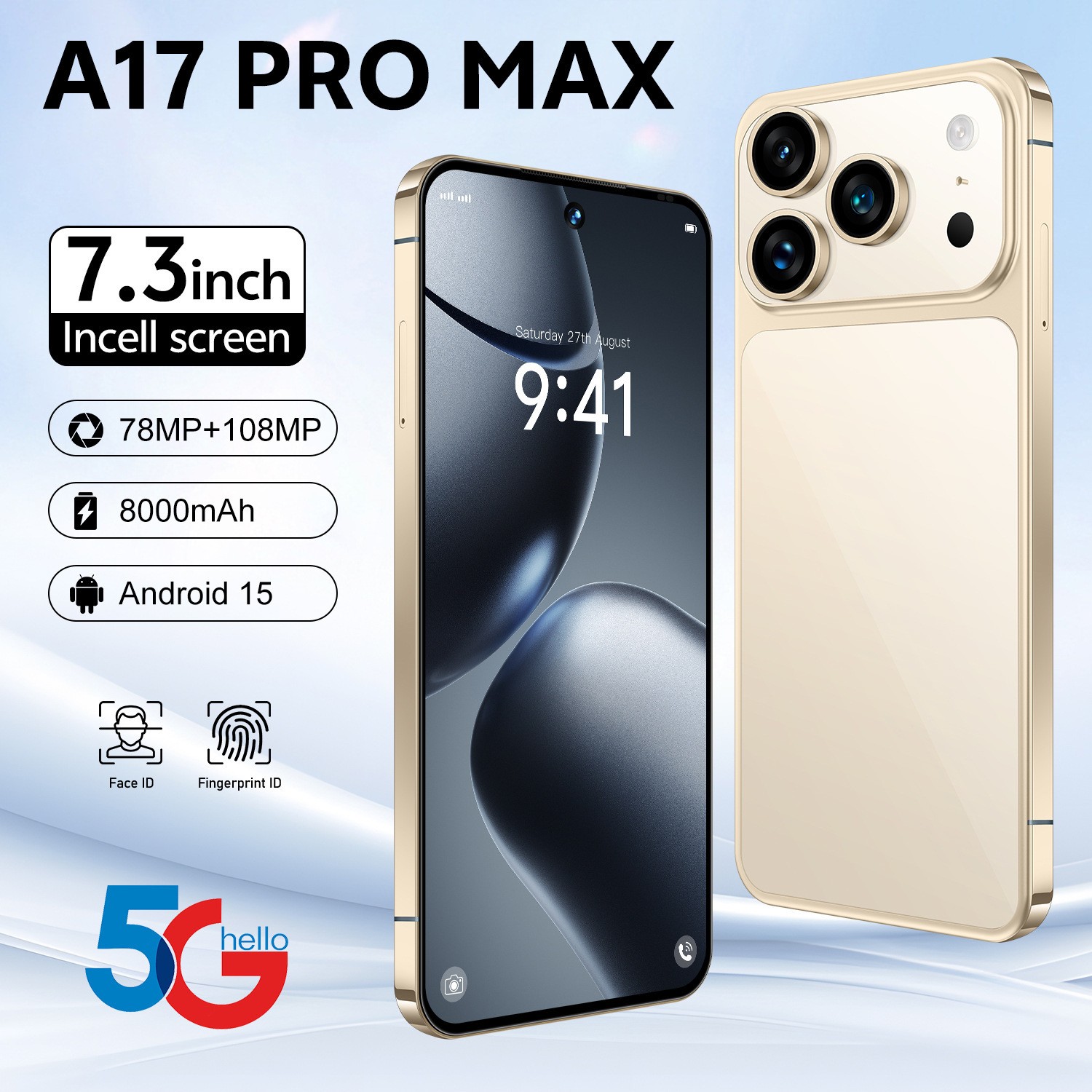 A17 Pro Max Unlocked Phone 5G, 16GB+1TB Dual SIM Cell Phone，7.3″ HD Display