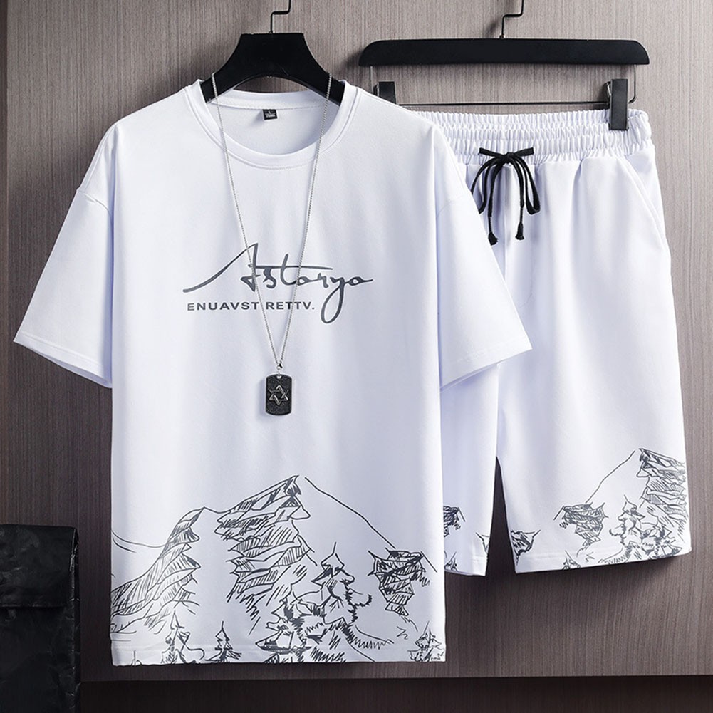 2 Piece Set Men Tracksuits Men Outfit T-shirt Shorts Set Simple Street