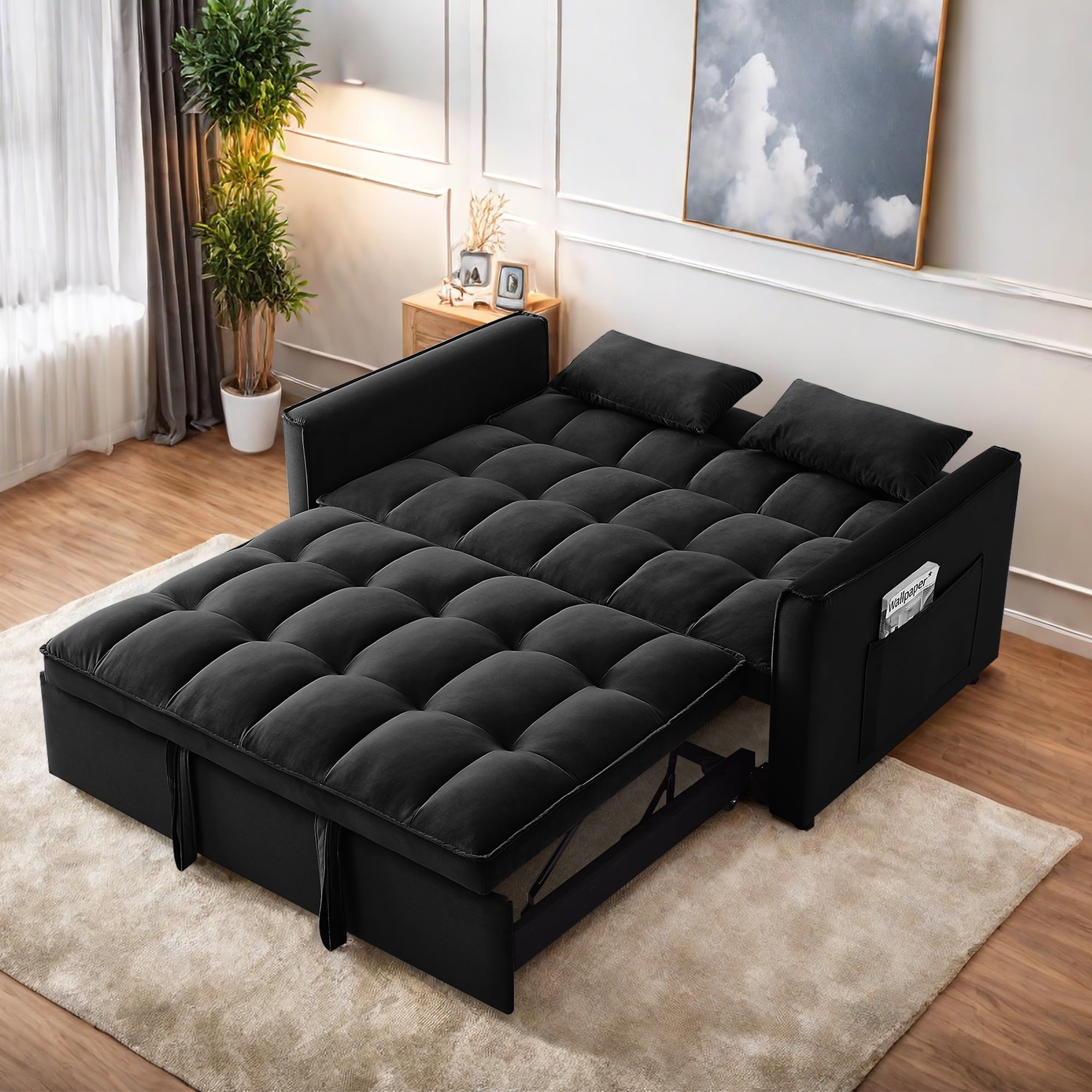 3-in-1 Convertible Sleeper Sofa Pull Out Couch Bed Adjustable Backrest Black