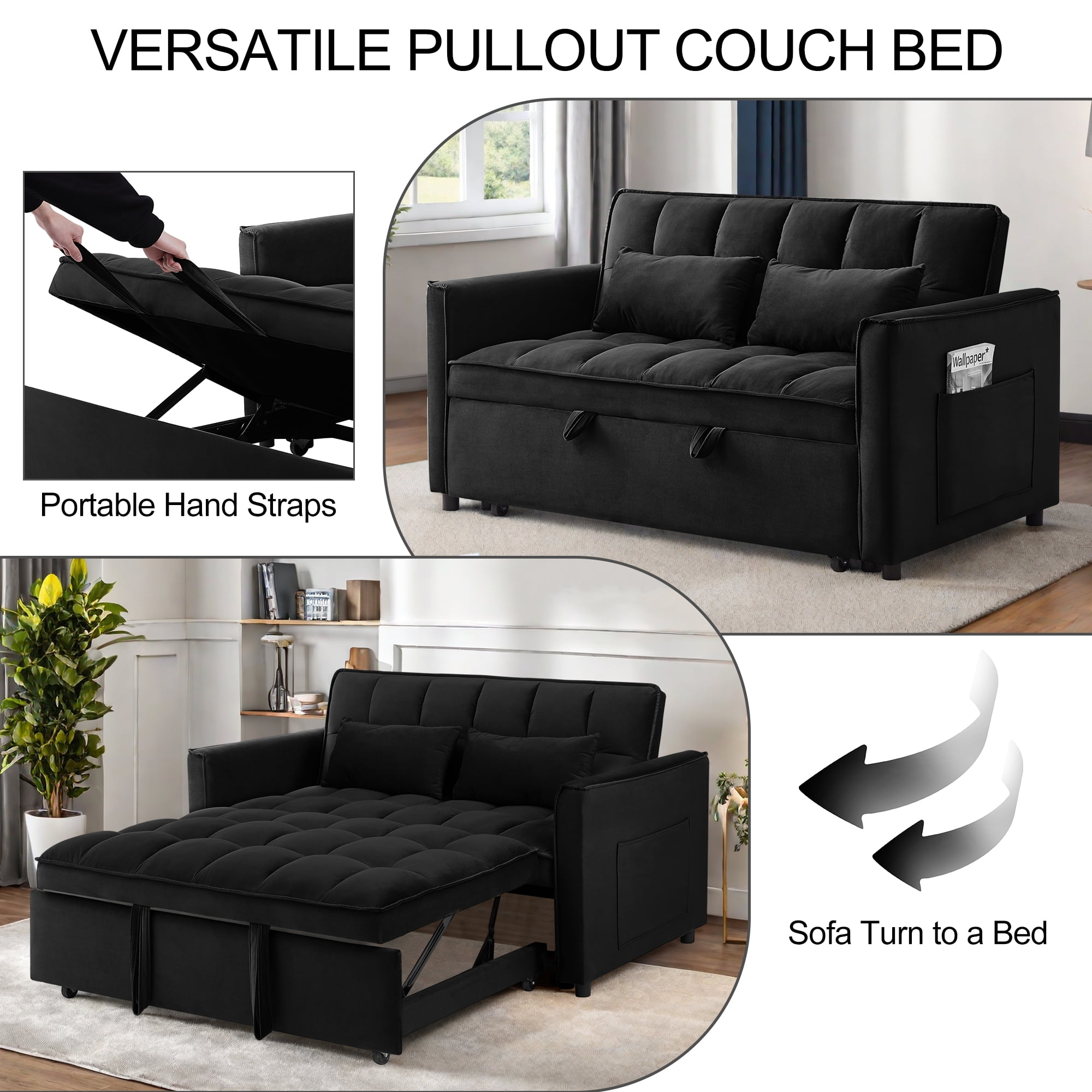 3-in-1 Convertible Sleeper Sofa Pull Out Couch Bed Adjustable Backrest Black