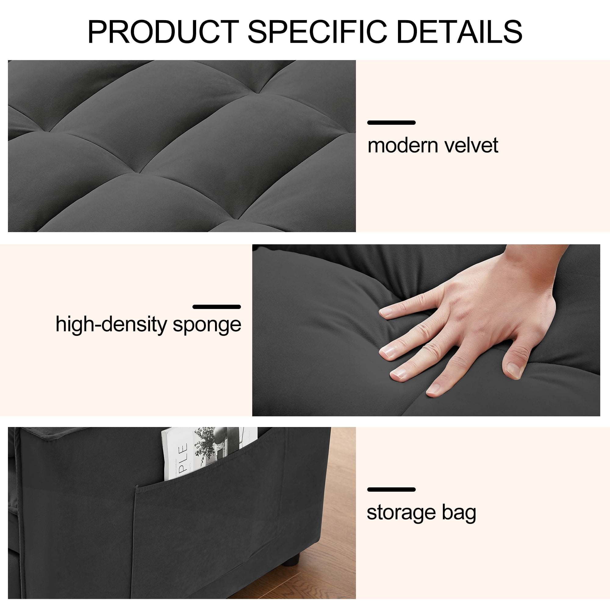 3-in-1 Convertible Sleeper Sofa Pull Out Couch Bed Adjustable Backrest Black