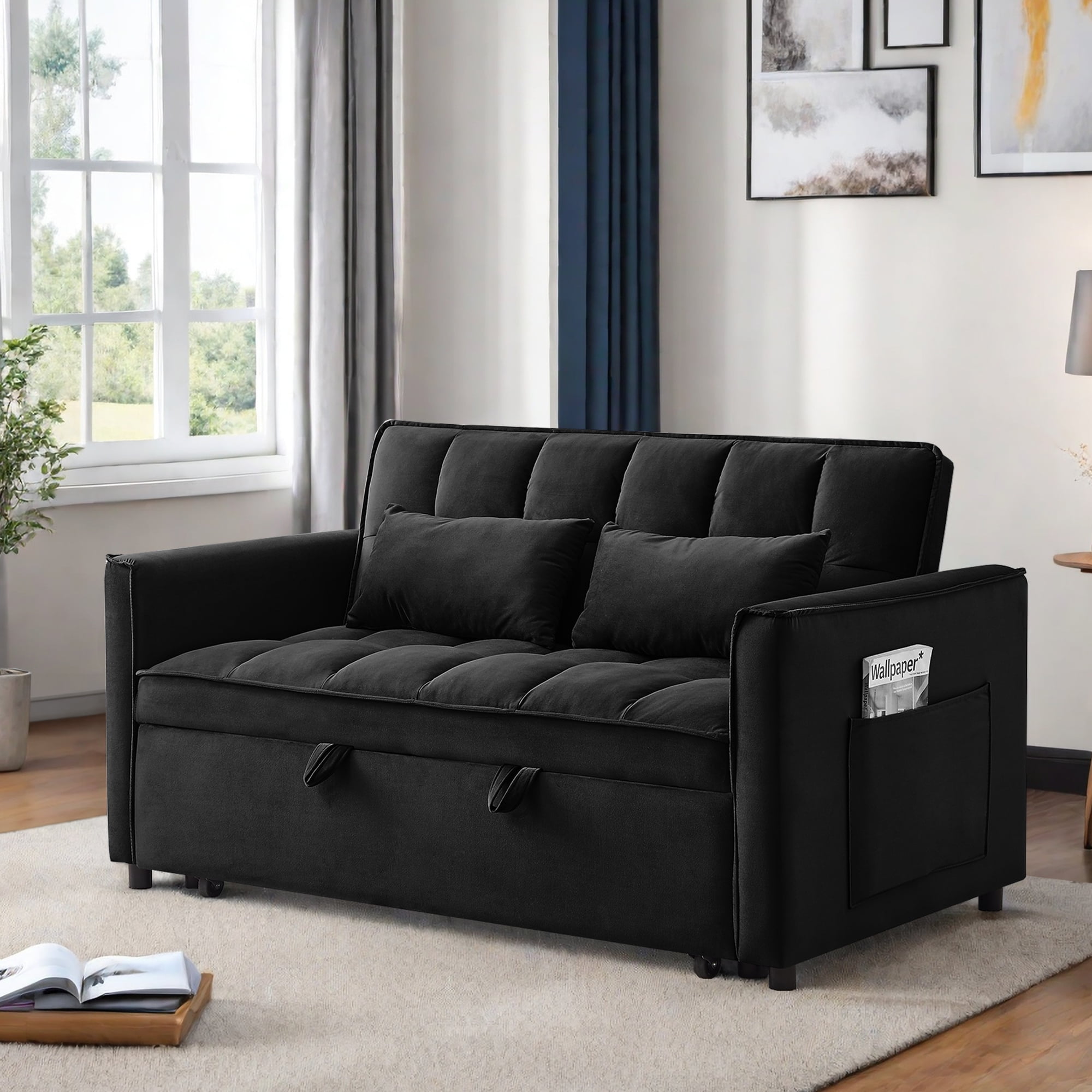 3-in-1 Convertible Sleeper Sofa Pull Out Couch Bed Adjustable Backrest Black