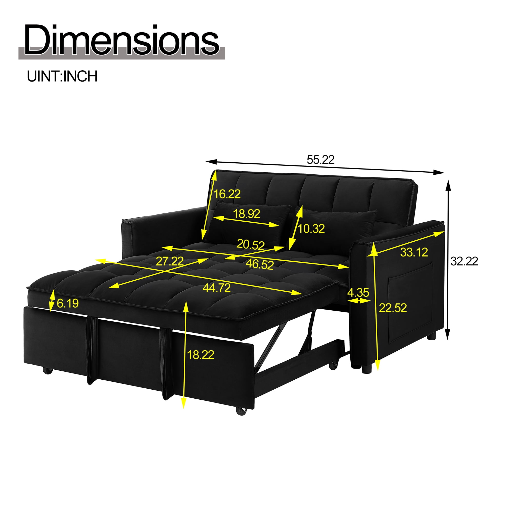 3-in-1 Convertible Sleeper Sofa Pull Out Couch Bed Adjustable Backrest Black