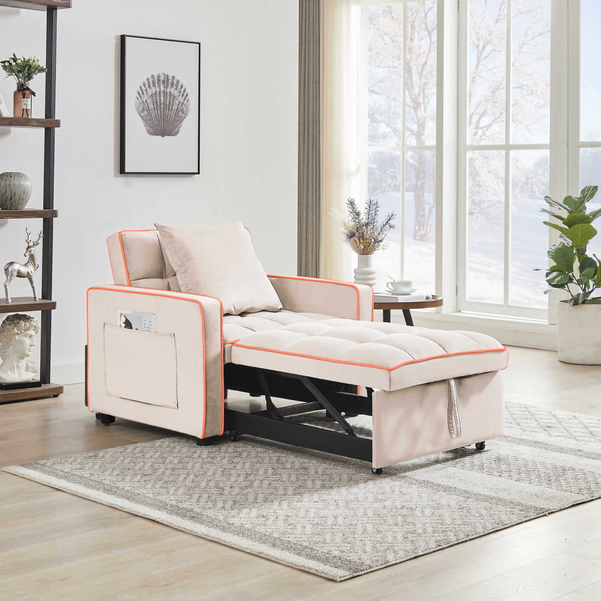 3-in-1 Convertible Sleeper Chair Pull Out Bed Velvet Single Sofa Small Space