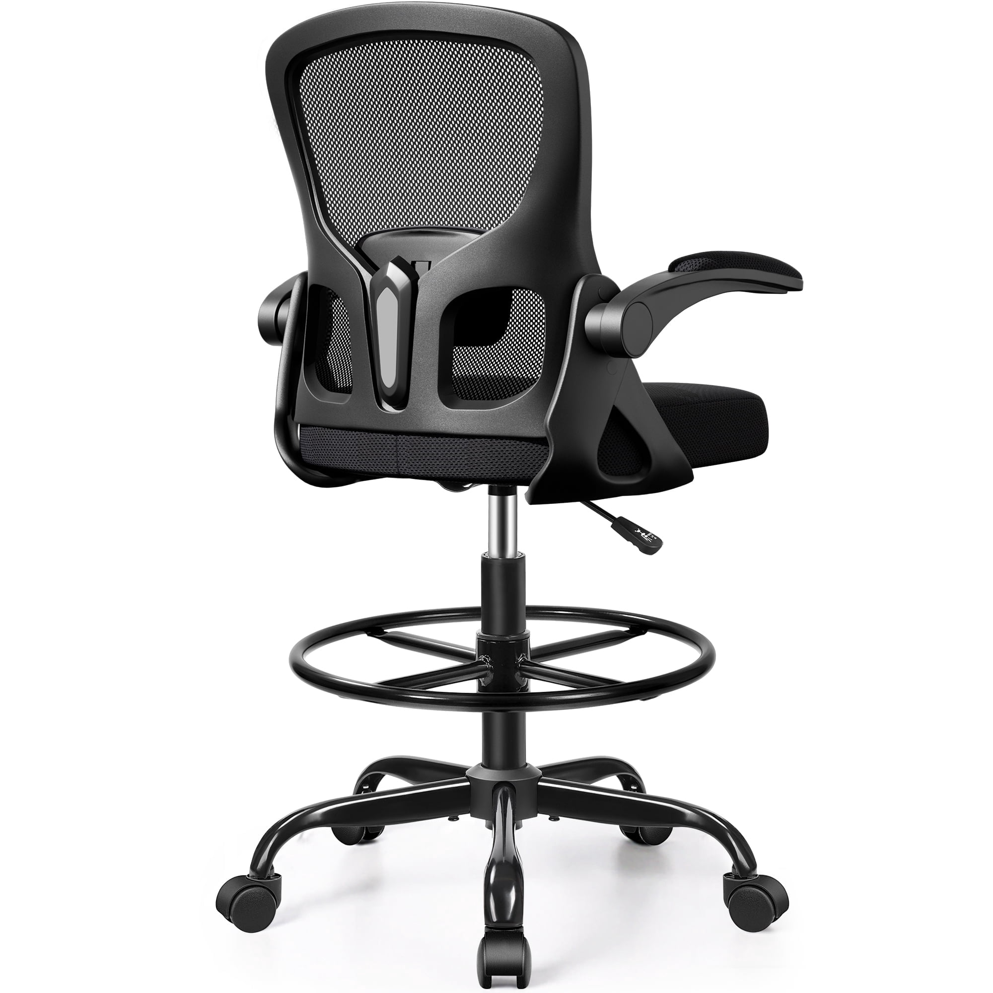 Ergonomic Drafting Chair Tall Office Desk Chair w/ Foot Ring Flip-up Arms Black
