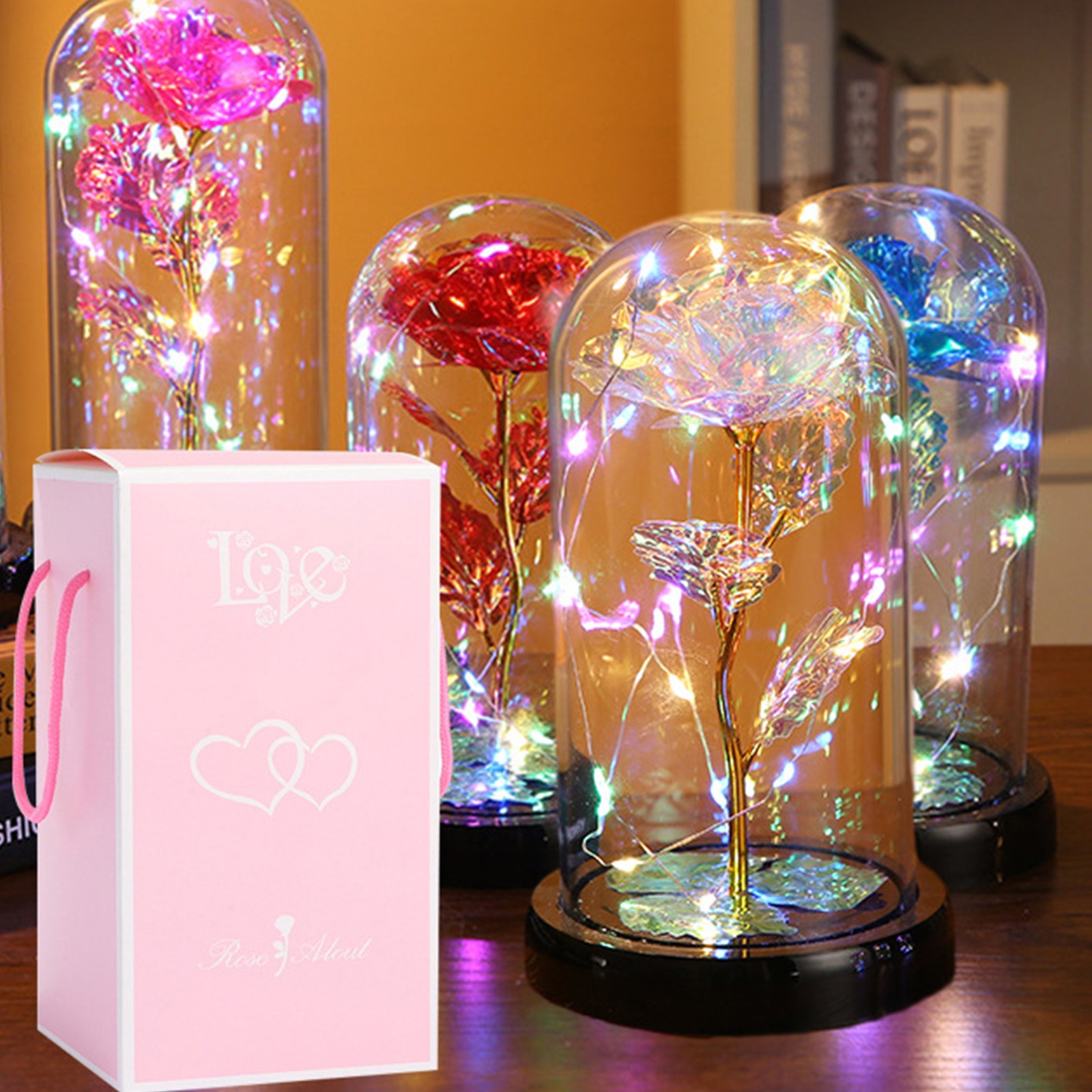 Enchanted Galaxy Rose LED Light in Glass Dome Artificial Flower Gift for Her