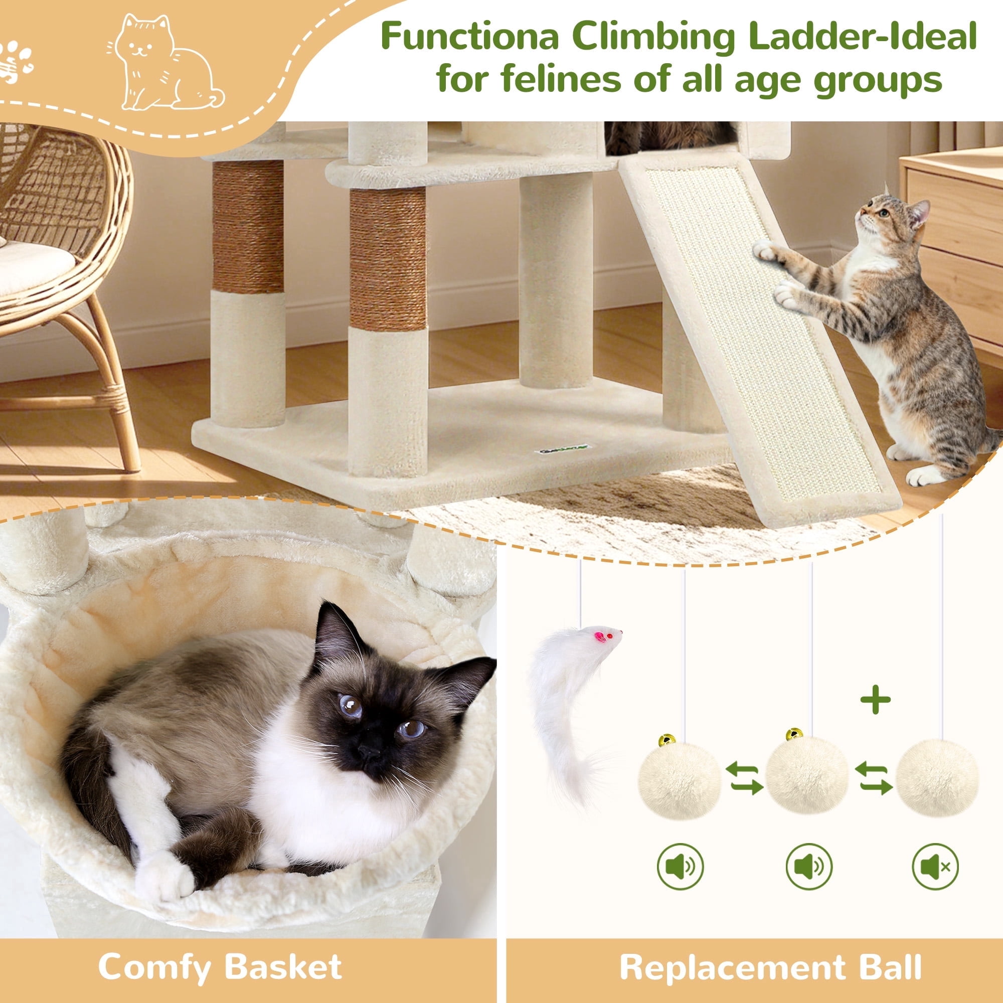 83" Large Cat Tree Tower Multi-Level Condo Scratching Post Hammock Leopard Print