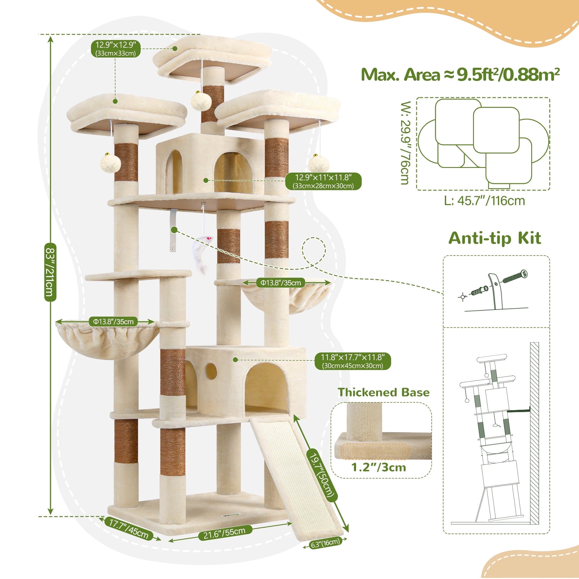 83" Large Cat Tree Tower Multi-Level Condo Scratching Post Hammock Leopard Print