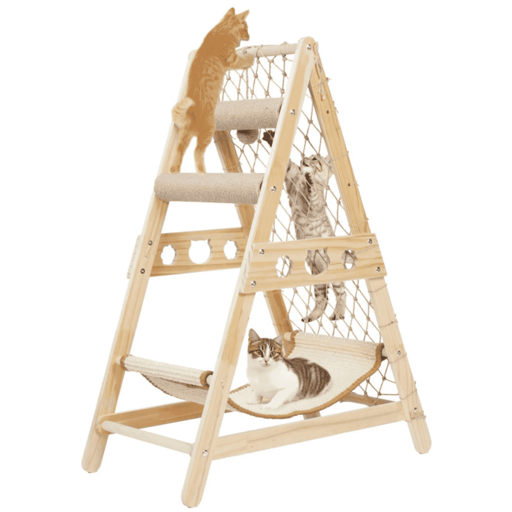 33" Wooden Cat Tree Triangle Climber w/ Hammock Scratching Post Indoor Cats