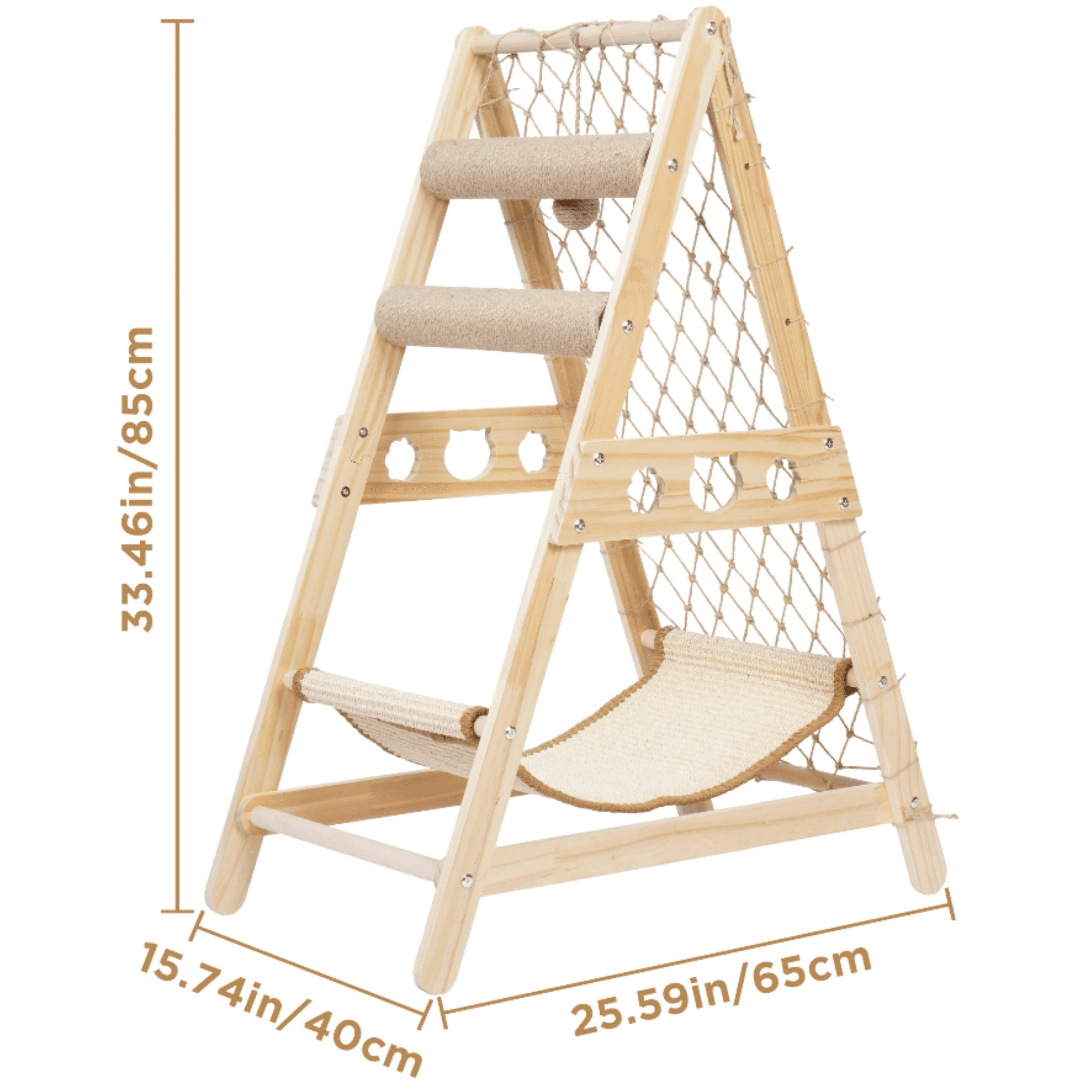 33" Wooden Cat Tree Triangle Climber w/ Hammock Scratching Post Indoor Cats