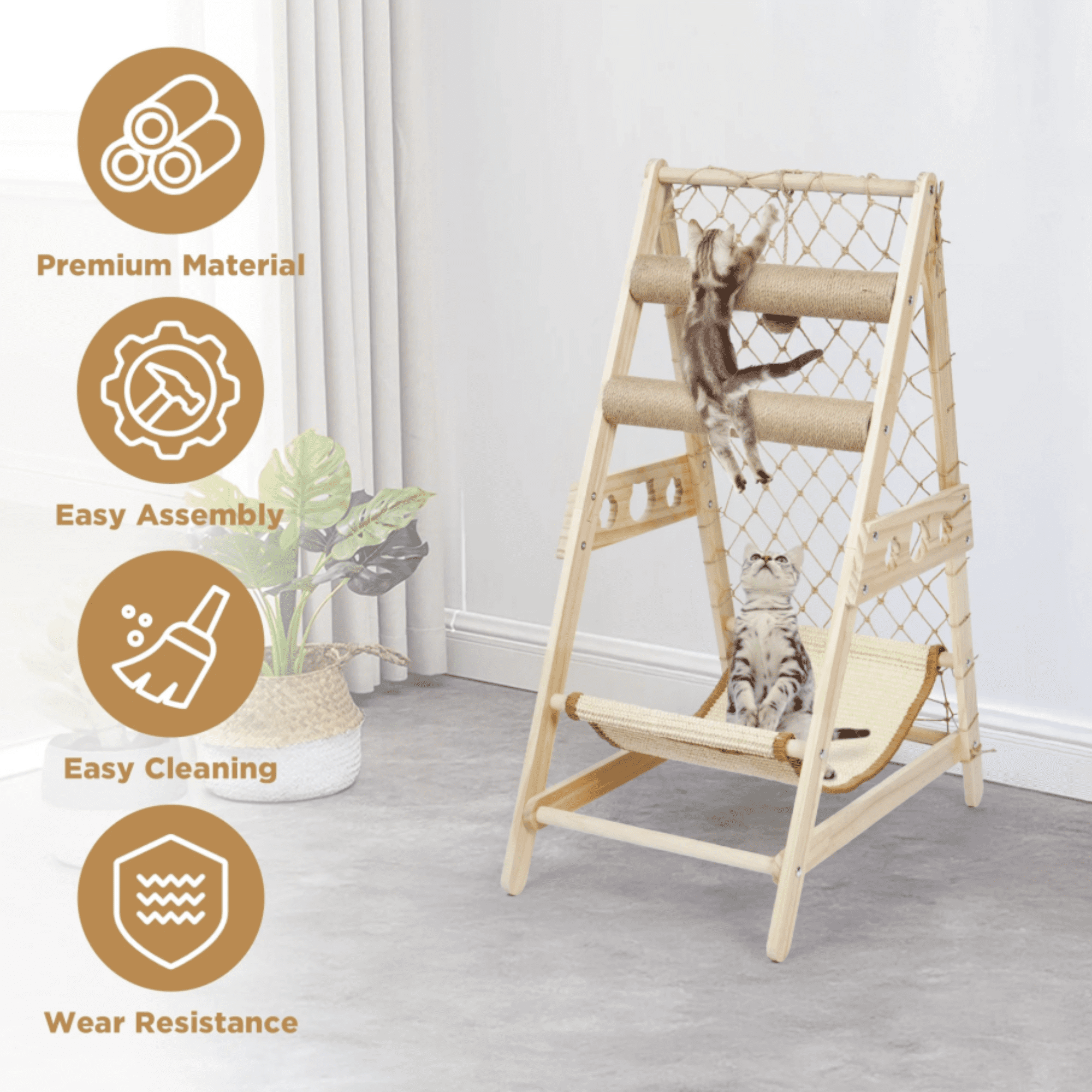 33" Wooden Cat Tree Triangle Climber w/ Hammock Scratching Post Indoor Cats
