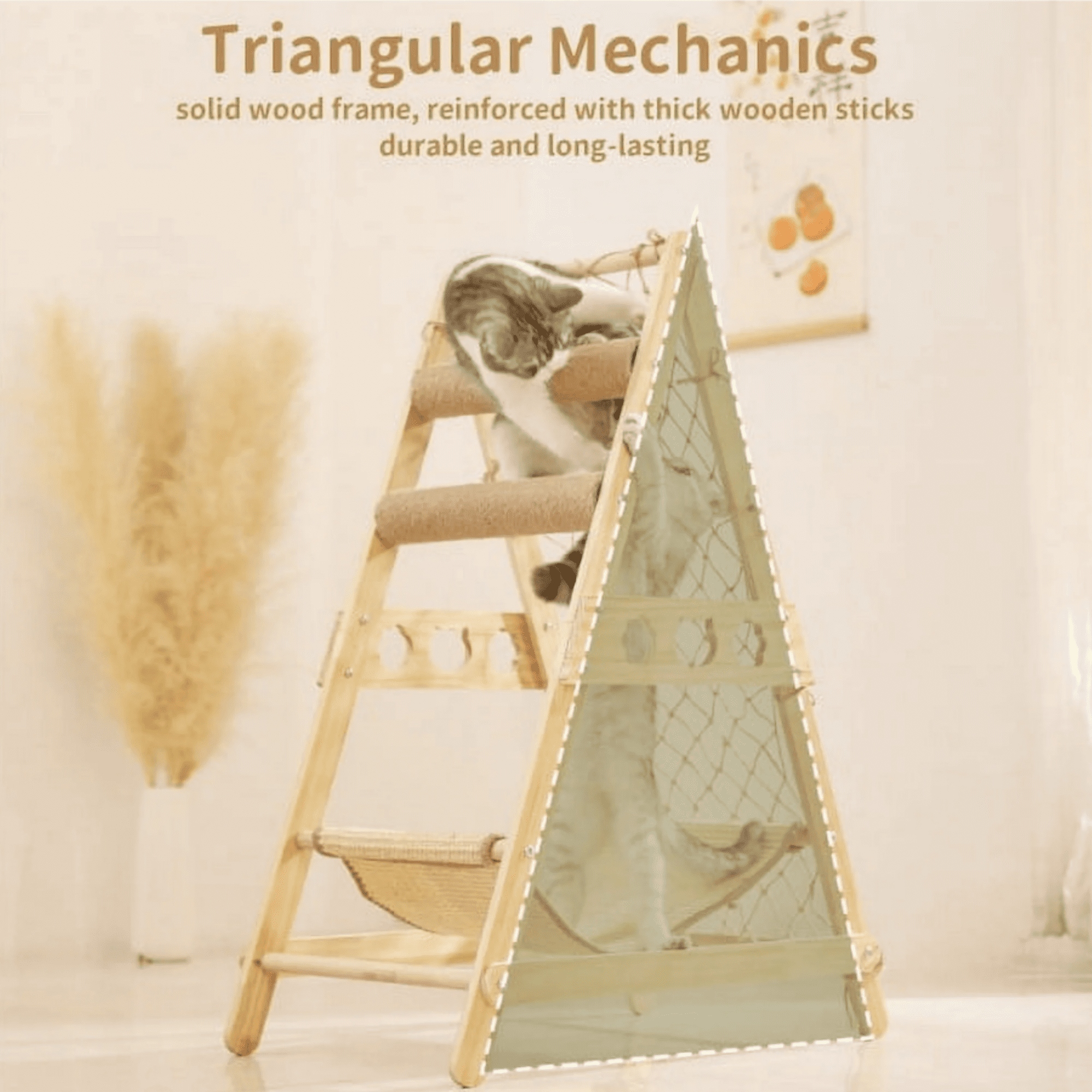 33" Wooden Cat Tree Triangle Climber w/ Hammock Scratching Post Indoor Cats
