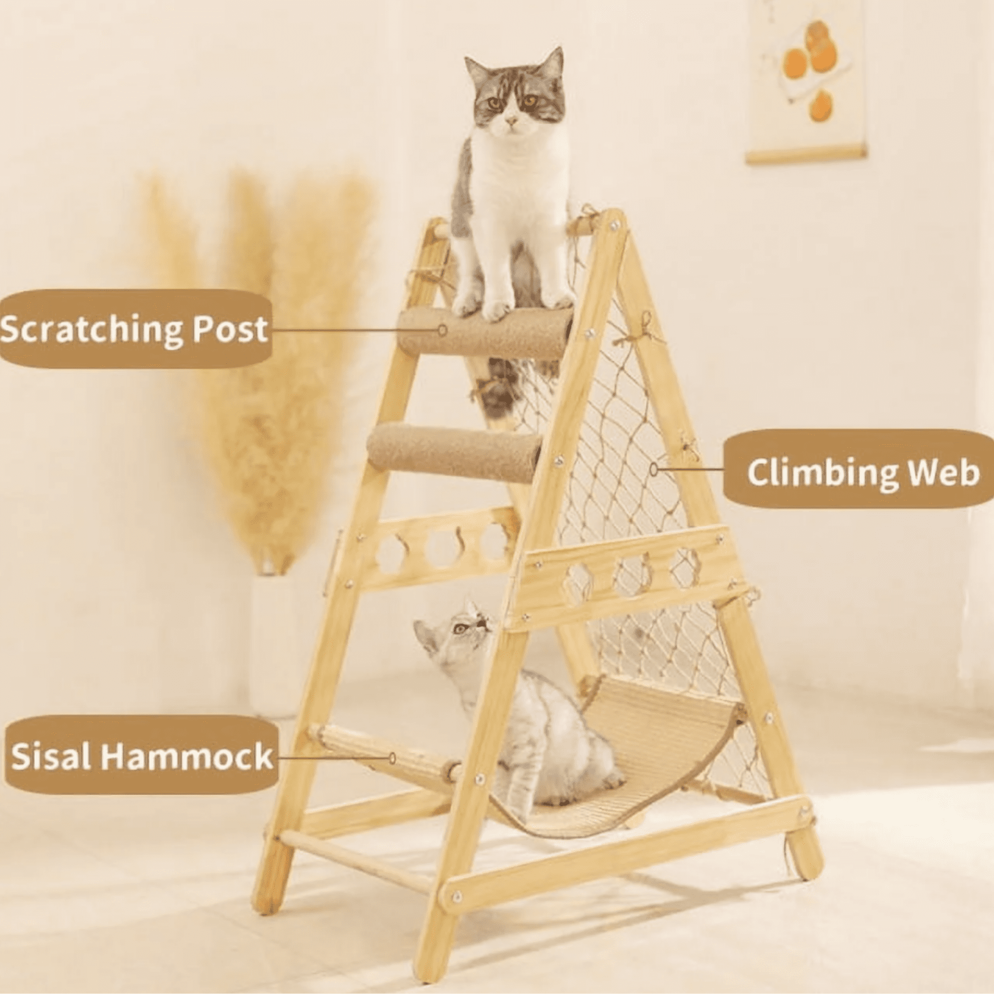 33" Wooden Cat Tree Triangle Climber w/ Hammock Scratching Post Indoor Cats