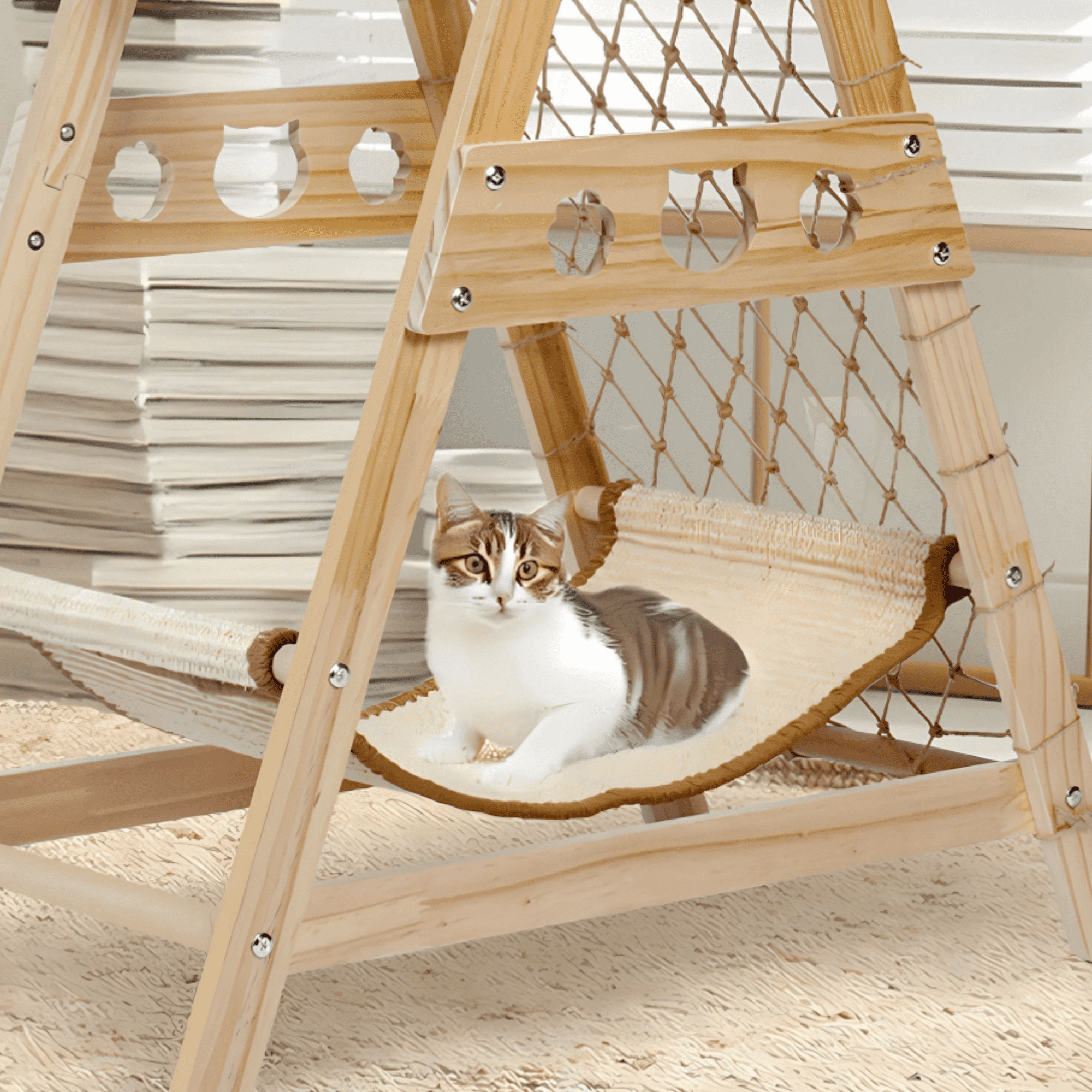 33" Wooden Cat Tree Triangle Climber w/ Hammock Scratching Post Indoor Cats