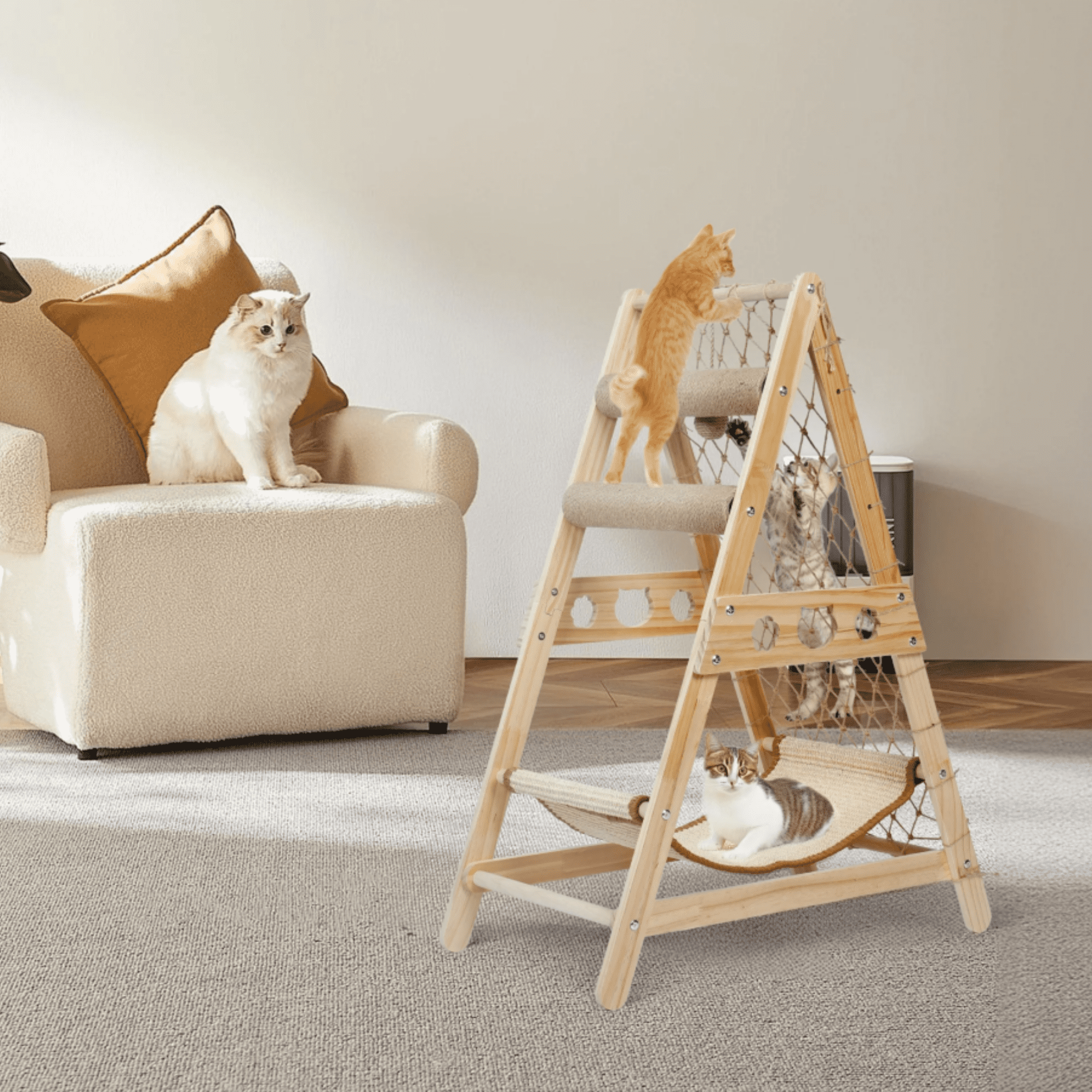 33" Wooden Cat Tree Triangle Climber w/ Hammock Scratching Post Indoor Cats