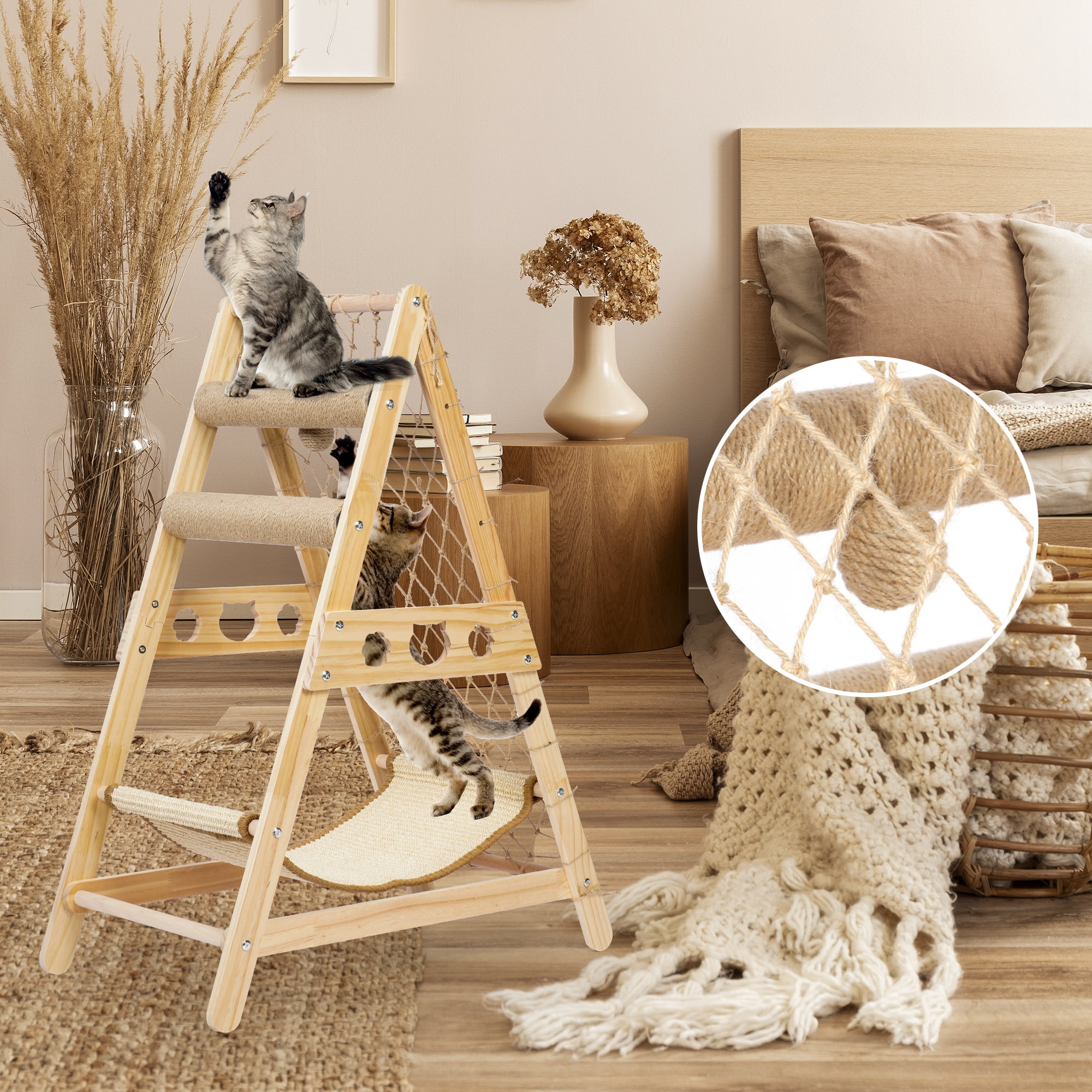 33" Wooden Cat Tree Triangle Climber w/ Hammock Scratching Post Indoor Cats