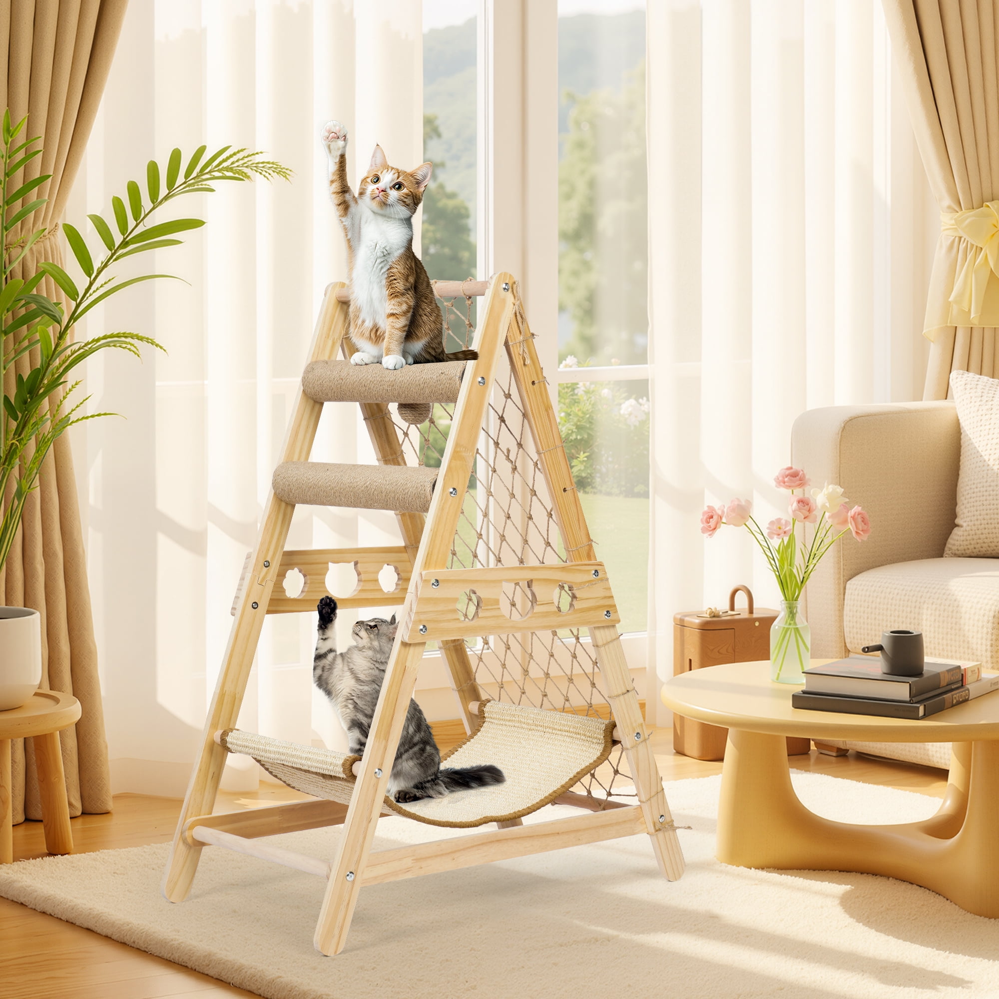 33" Wooden Cat Tree Triangle Climber w/ Hammock Scratching Post Indoor Cats