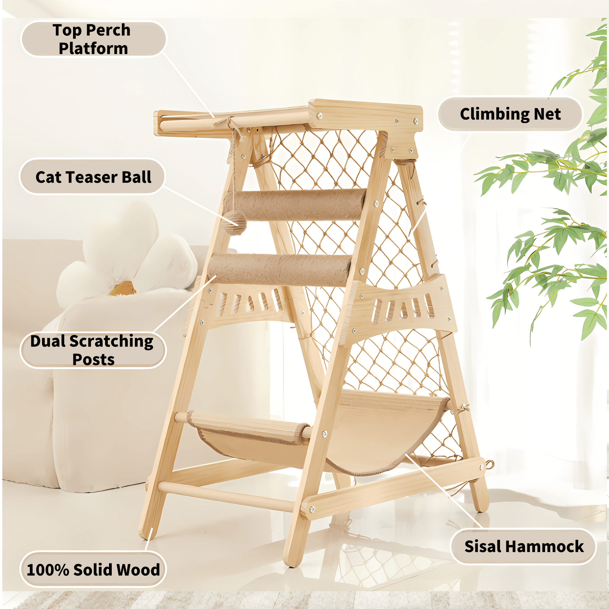 31.5" Wooden Cat Tree Tower Top Platform Hammock Scratching Post Climbing Net