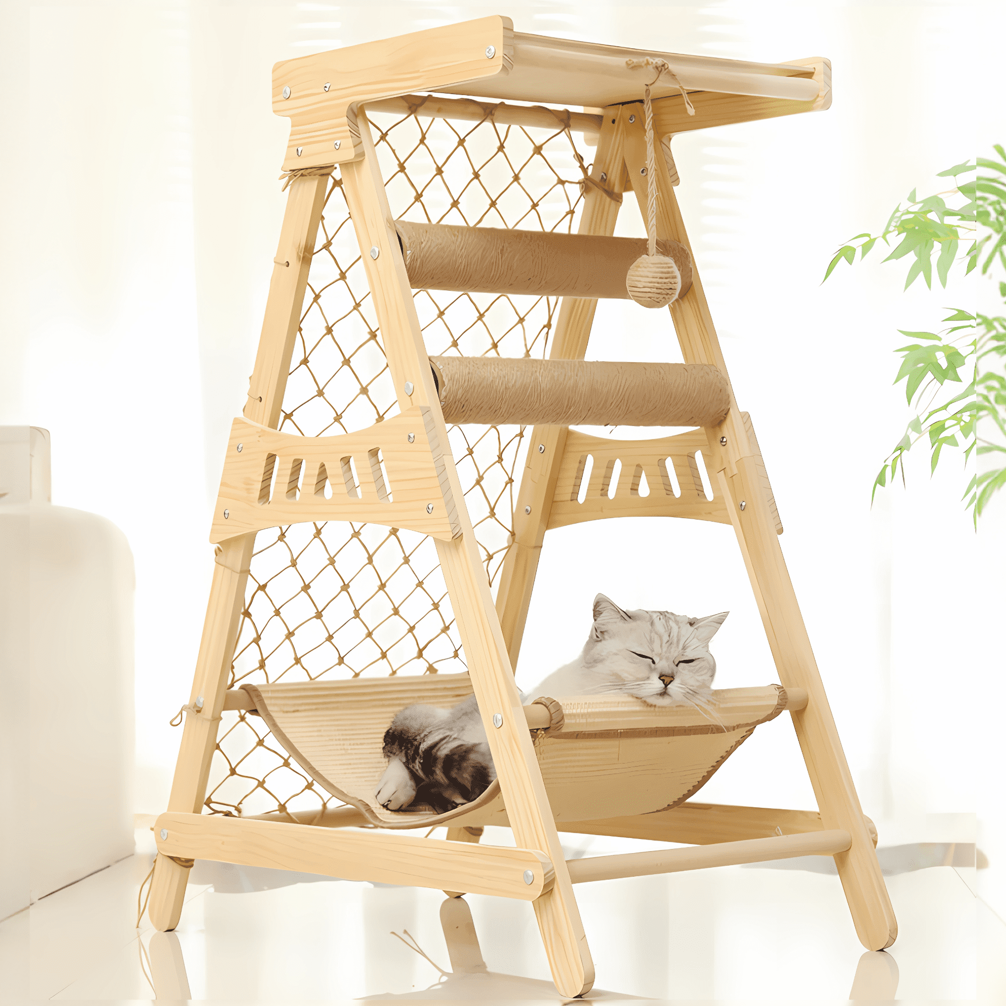 31.5" Wooden Cat Tree Tower Top Platform Hammock Scratching Post Climbing Net