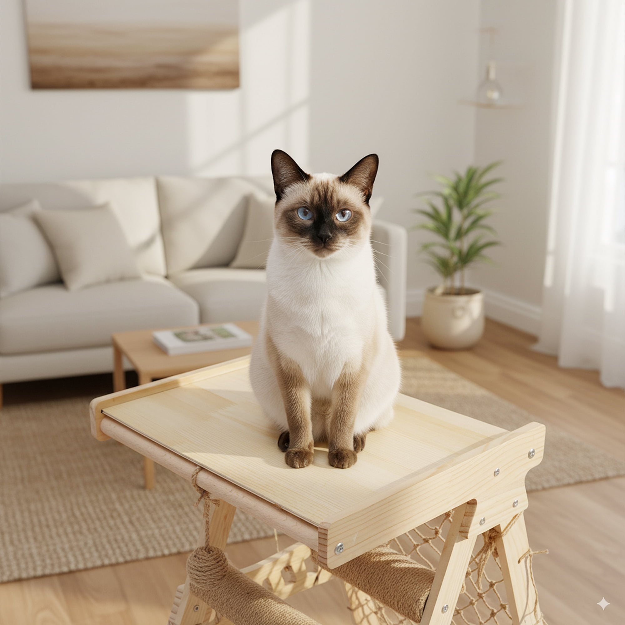 31.5" Wooden Cat Tree Tower Top Platform Hammock Scratching Post Climbing Net