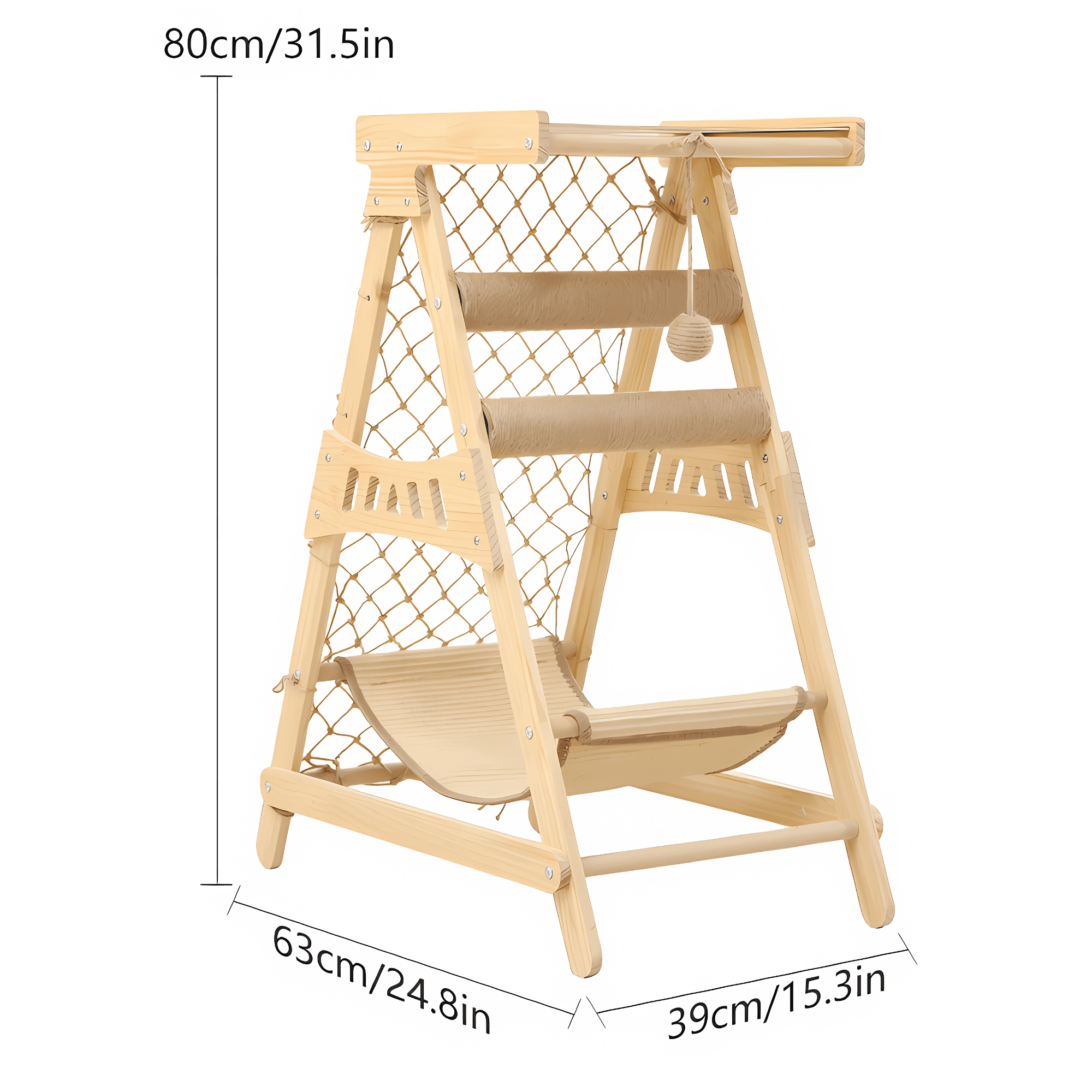 31.5" Wooden Cat Tree Tower Top Platform Hammock Scratching Post Climbing Net