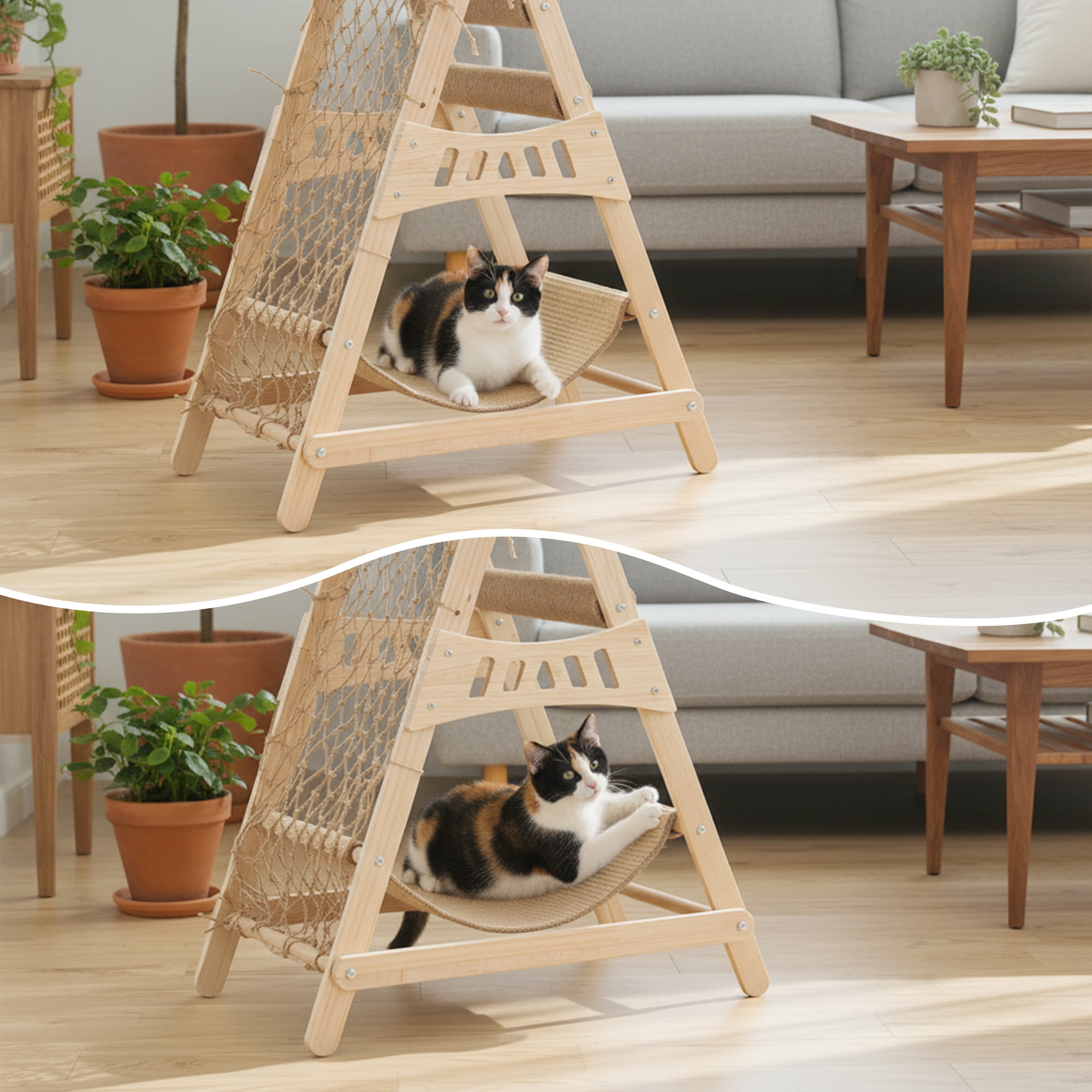 31.5" Wooden Cat Tree Tower Top Platform Hammock Scratching Post Climbing Net