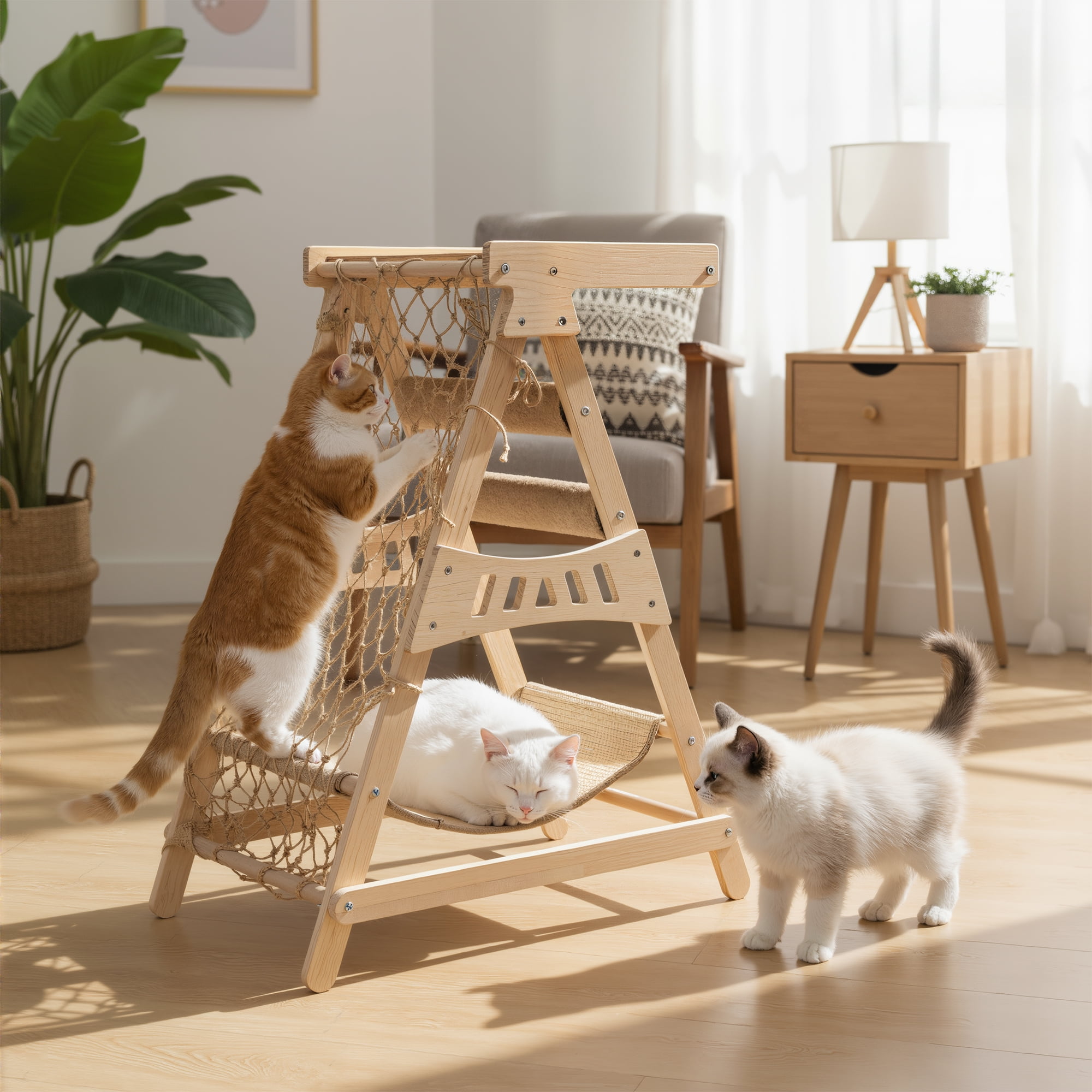 31.5" Wooden Cat Tree Tower Top Platform Hammock Scratching Post Climbing Net