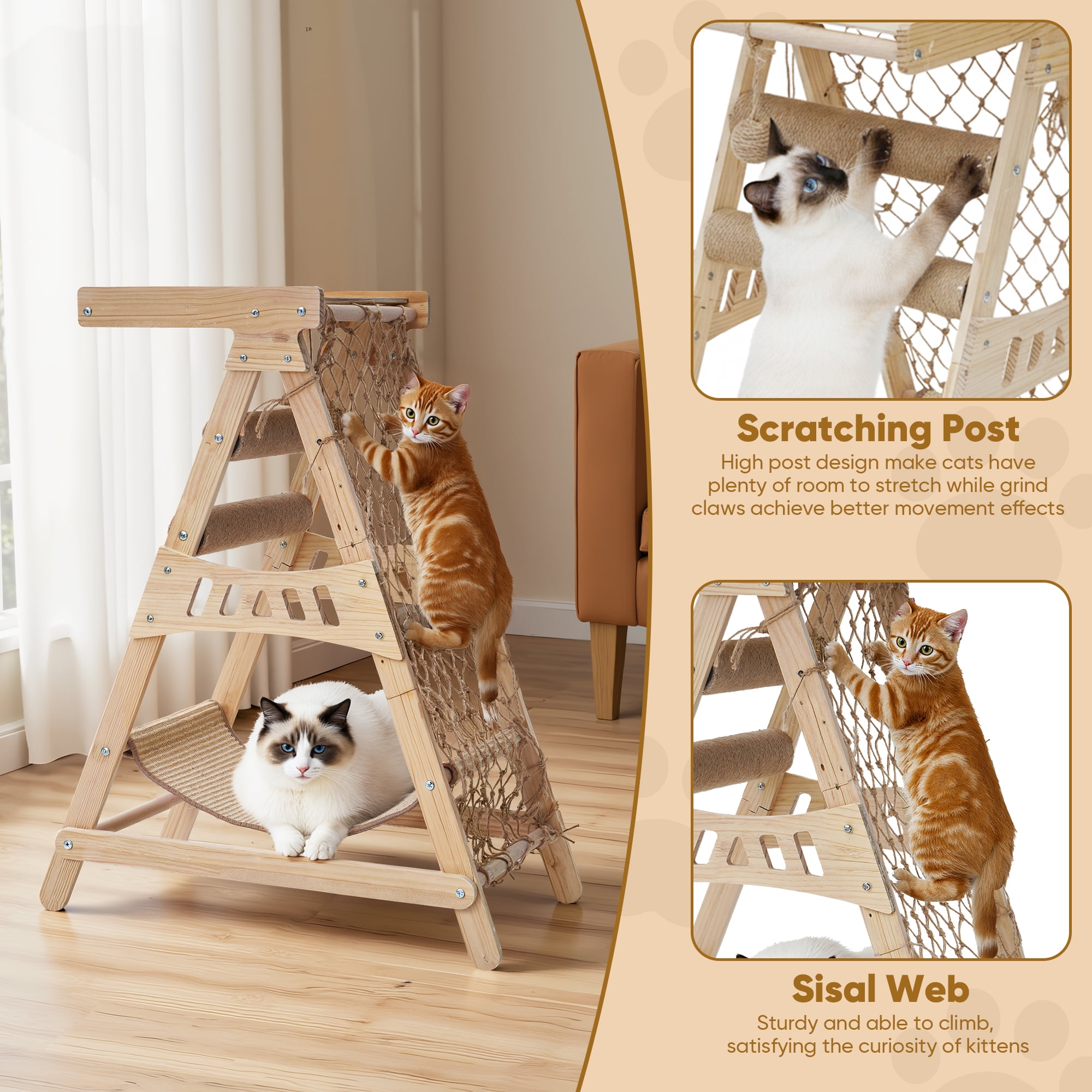 31.5" Wooden Cat Tree Tower Top Platform Hammock Scratching Post Climbing Net