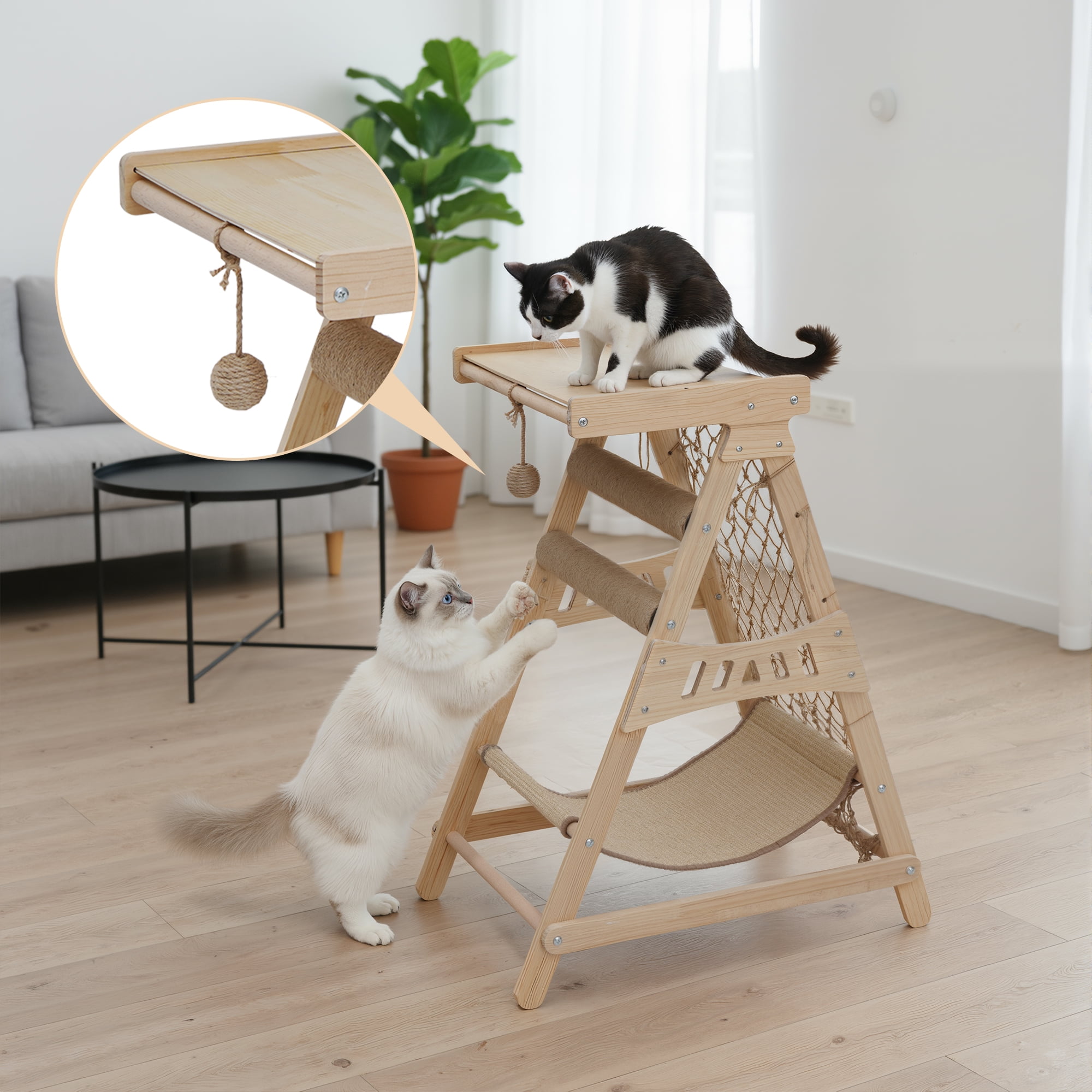 31.5" Wooden Cat Tree Tower Top Platform Hammock Scratching Post Climbing Net