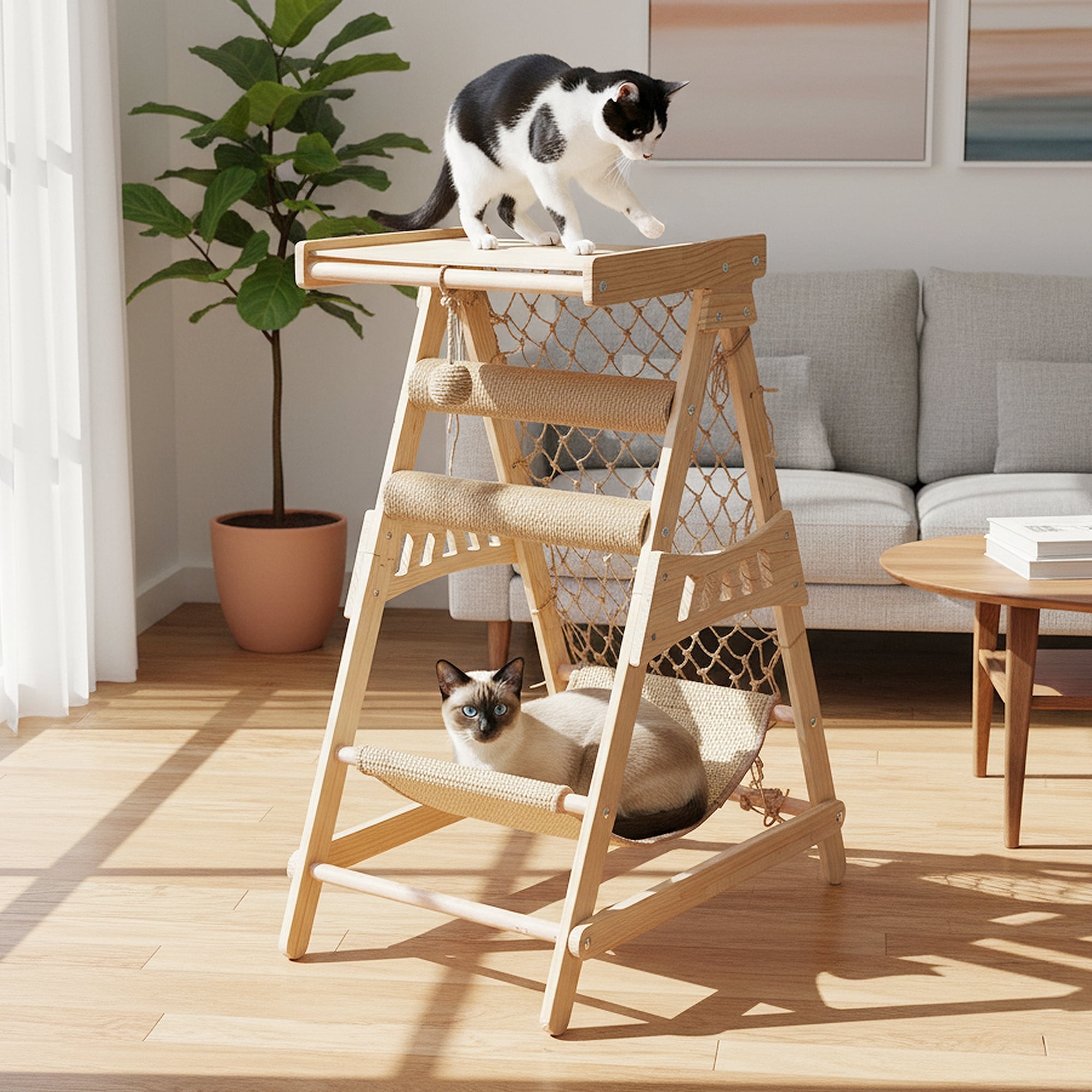 31.5" Wooden Cat Tree Tower Top Platform Hammock Scratching Post Climbing Net