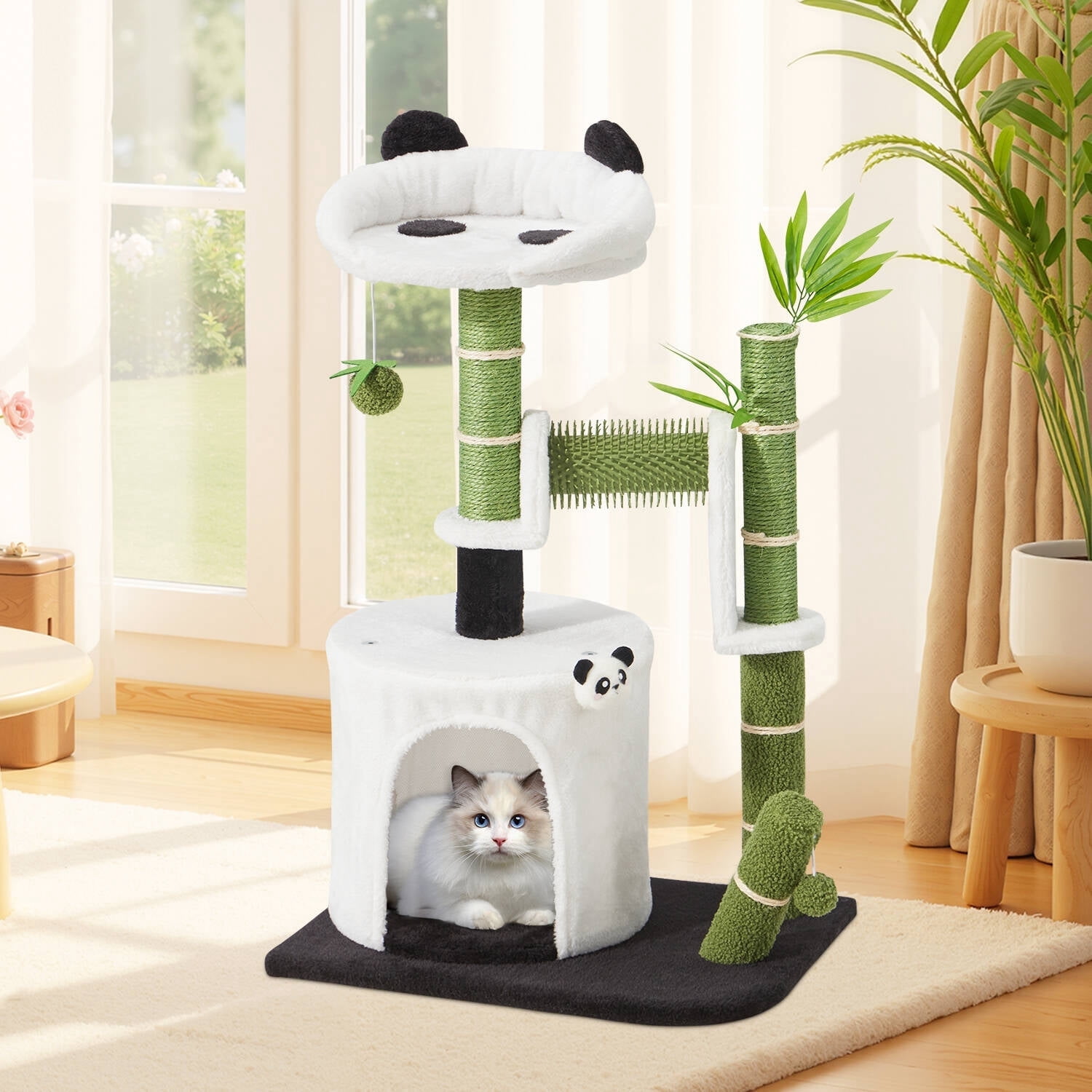 30.7" Cute Panda Cat Tree Bamboo Scratching Post Condo with Self Groomer Small